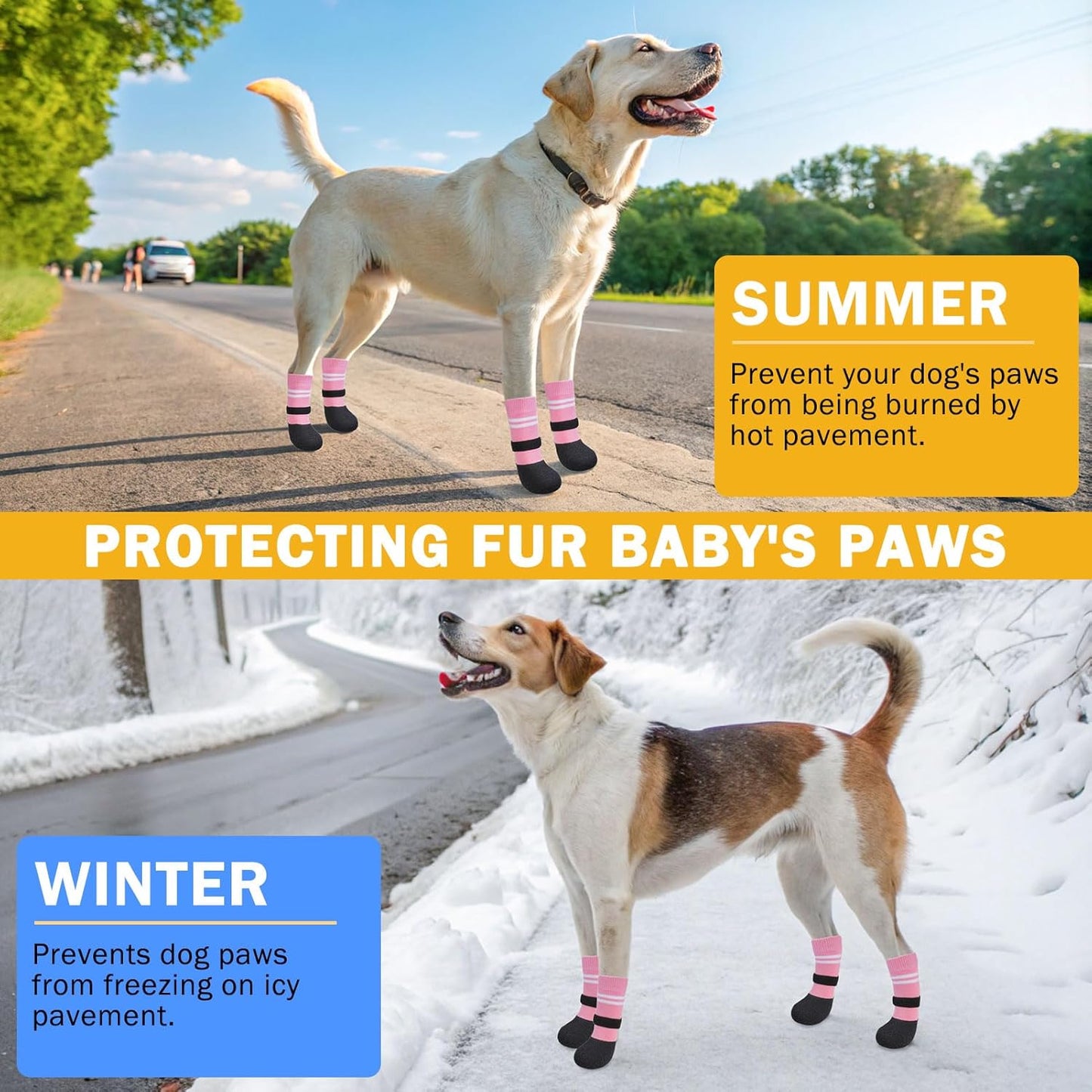 SCENEREAL Anti Slip Dog Boots & Paw Protectors for Hardwood Floor, Extended Dog Socks to Prevent Licking Paws, Waterproof Pet Snow Rain Shoe for Winter Large Senior Dogs, Pink L