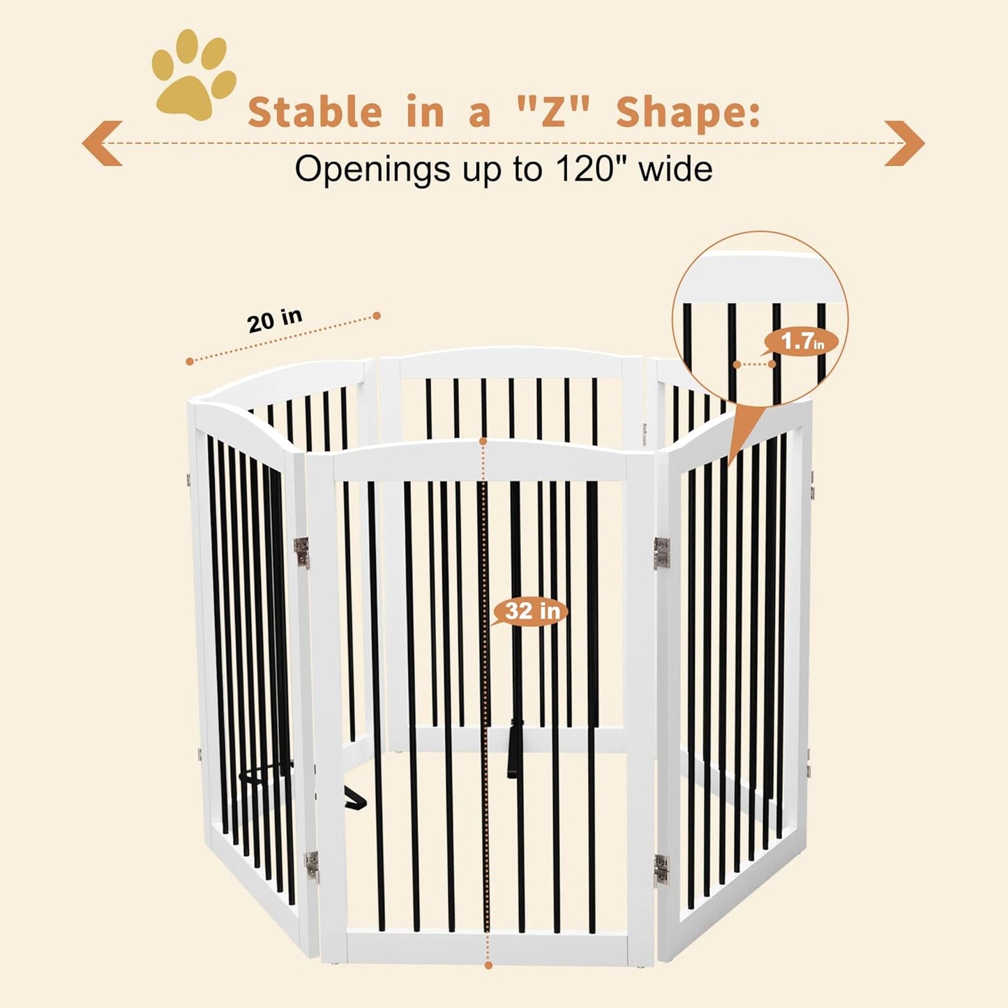 Freestanding Pet Gate for Dogs, Indoor Wooden Foldable Dog Gate for House, Extra Wide, Pet Fence for Stairs, Doorways, Halls, Support Feet Included, 120 Inch Wide, 6 Panels 32",White