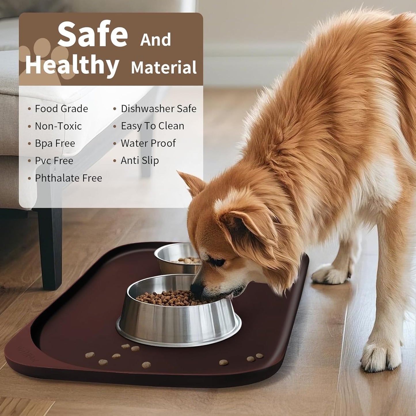 Silicone Pet Feeding Mat with Raised Edge & Residue Collection Pocket for Food and Water, Dog Bowl Mats, Cat Bowls Placemat with High Lip for Floor Waterproof, 22 x 14 x 0.8 Dark Brown