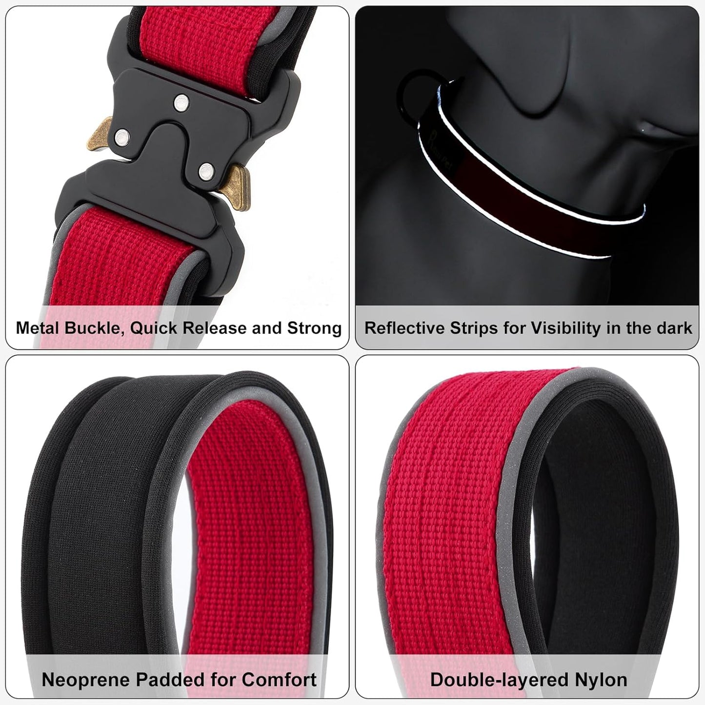 Plutus Pet Tactical Dog Collar, Reflective, Adjustable Heavy Duty Dog Collar, Soft Padded and Comfortable, for Small Medium and Large Dogs (Red, XL)