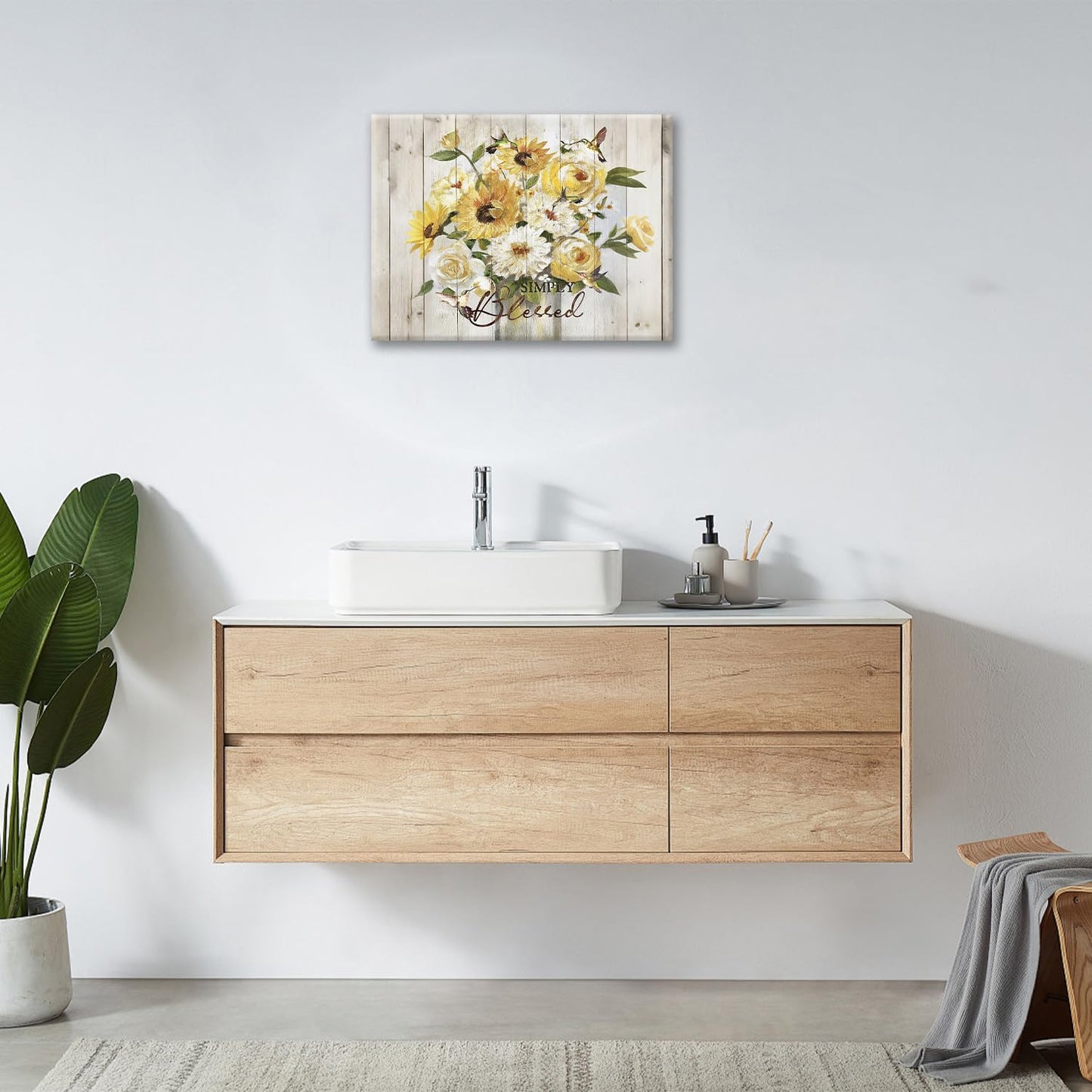 Sunflower Bathroom Pictures Wall Art, Simple Blessed Floral Bathroom Wall Decor, Flower Framed Painting Canvas Artwork for Bedroom Living Room Decorations 20"L x 16"W