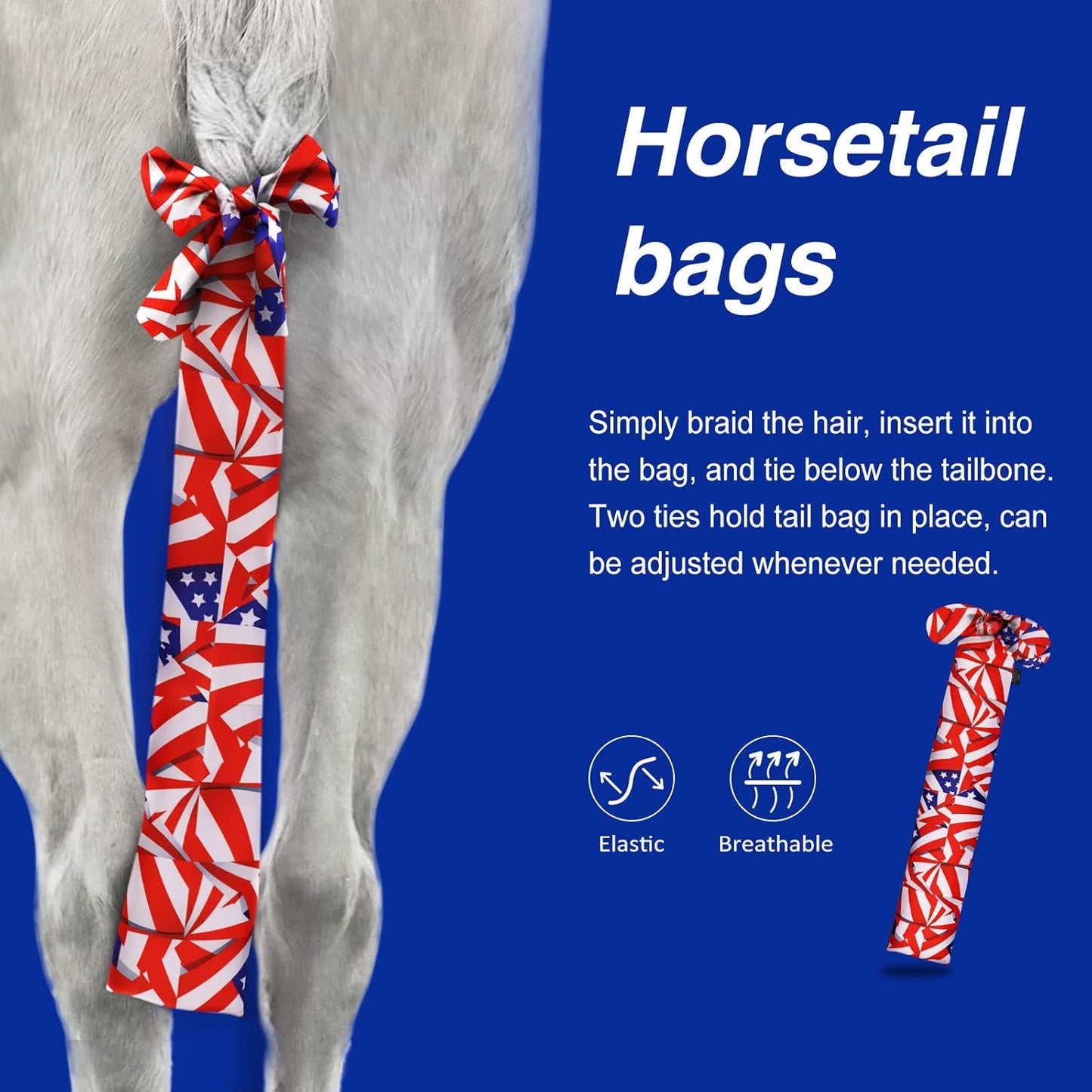 Harrison Howard Stretchy Tail Bag Breathable Horse Tail Guard Slip on Design Protect Horse Tail 2 Strand Closure Straps Keep Tail Clean & Protected 22" L Length Makes Grooming Easy-Flag Grid