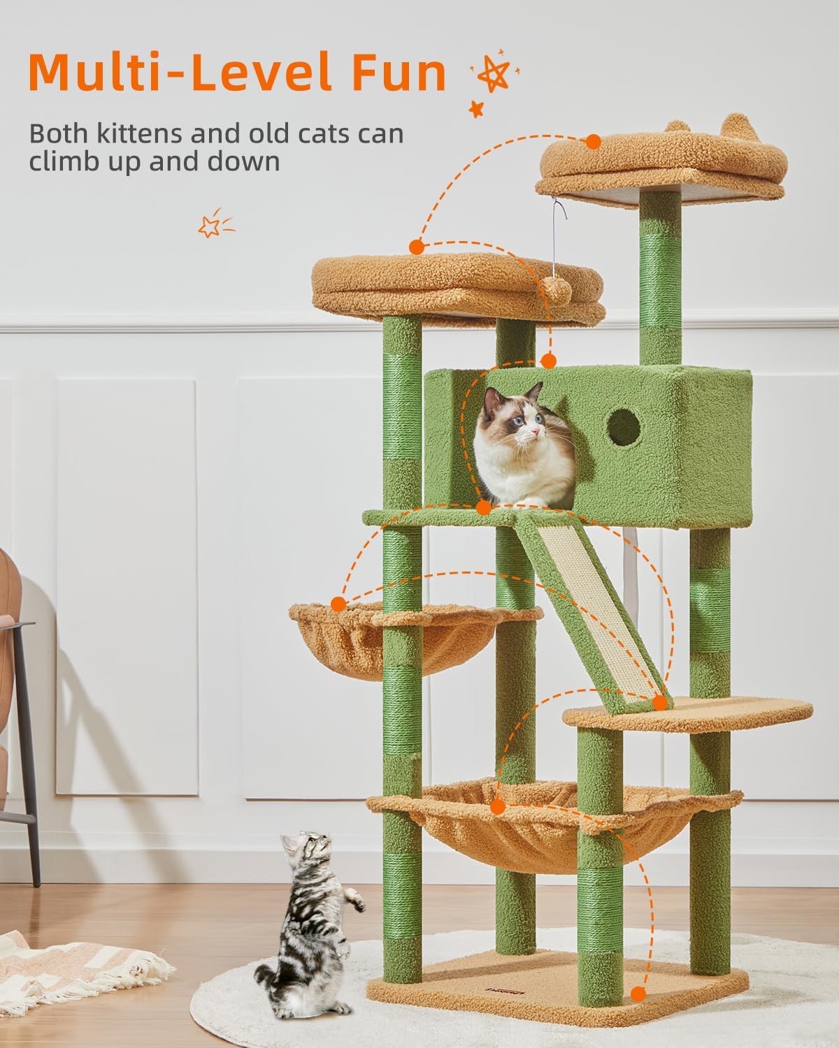 Taoqimiao Cactus Cat Tree, 57.5-Inch Cat Tower for Indoor Cats Large Adult, Extra Large Cat Condo, 8 Sisal Scratching Posts, Metal Frame Cozy Hammock, Durable Scratch Board, 2 Top Perches, MSC026