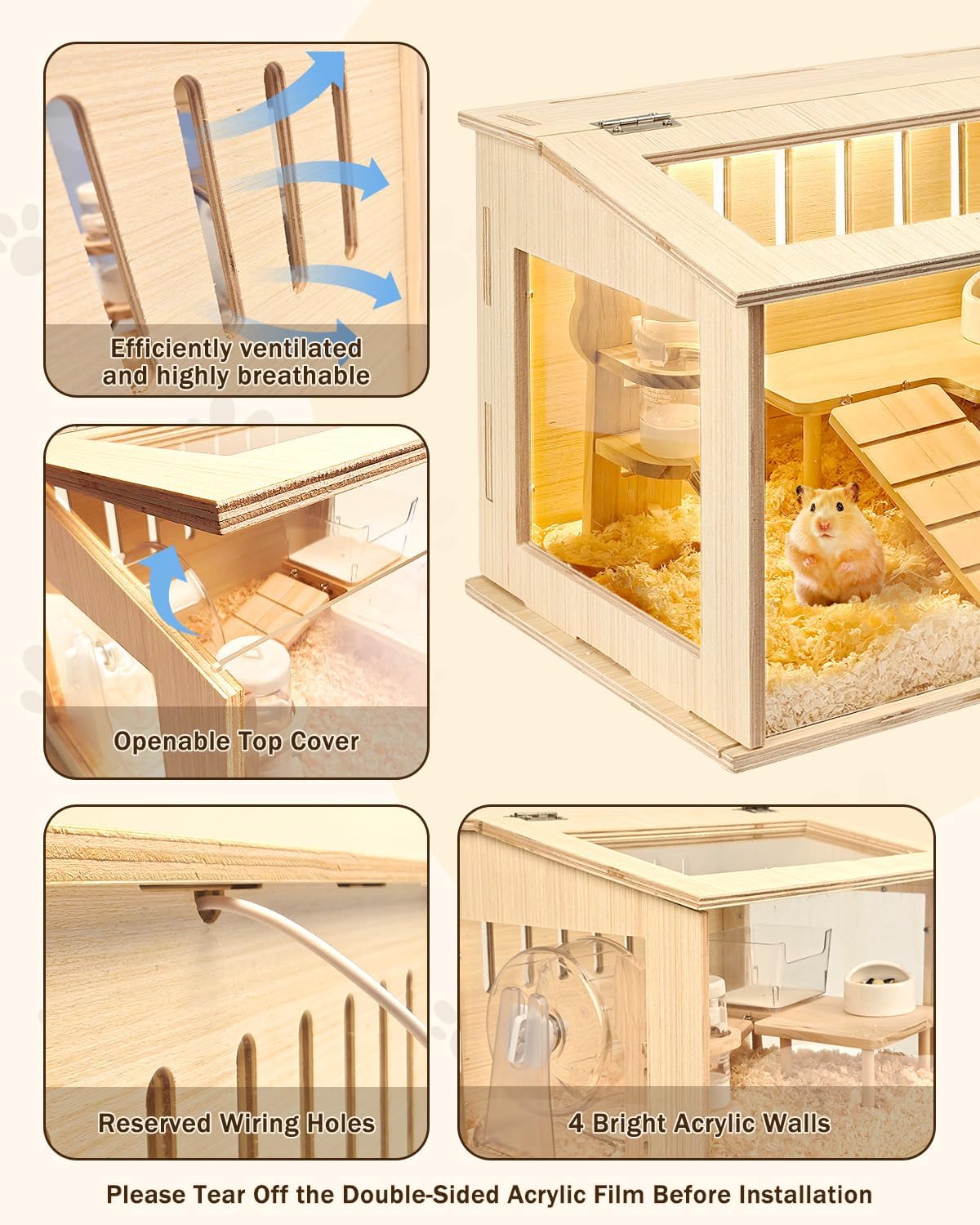 Small Wooden Hamster Cage for Dwarf Hamsters, 15.8" Portable Habitat with Acrylic Panels & Openable Top, Includes Water Bottle & Platform for Robo, Winter White Hamsters & Campbell’s Dwarf Hamsters