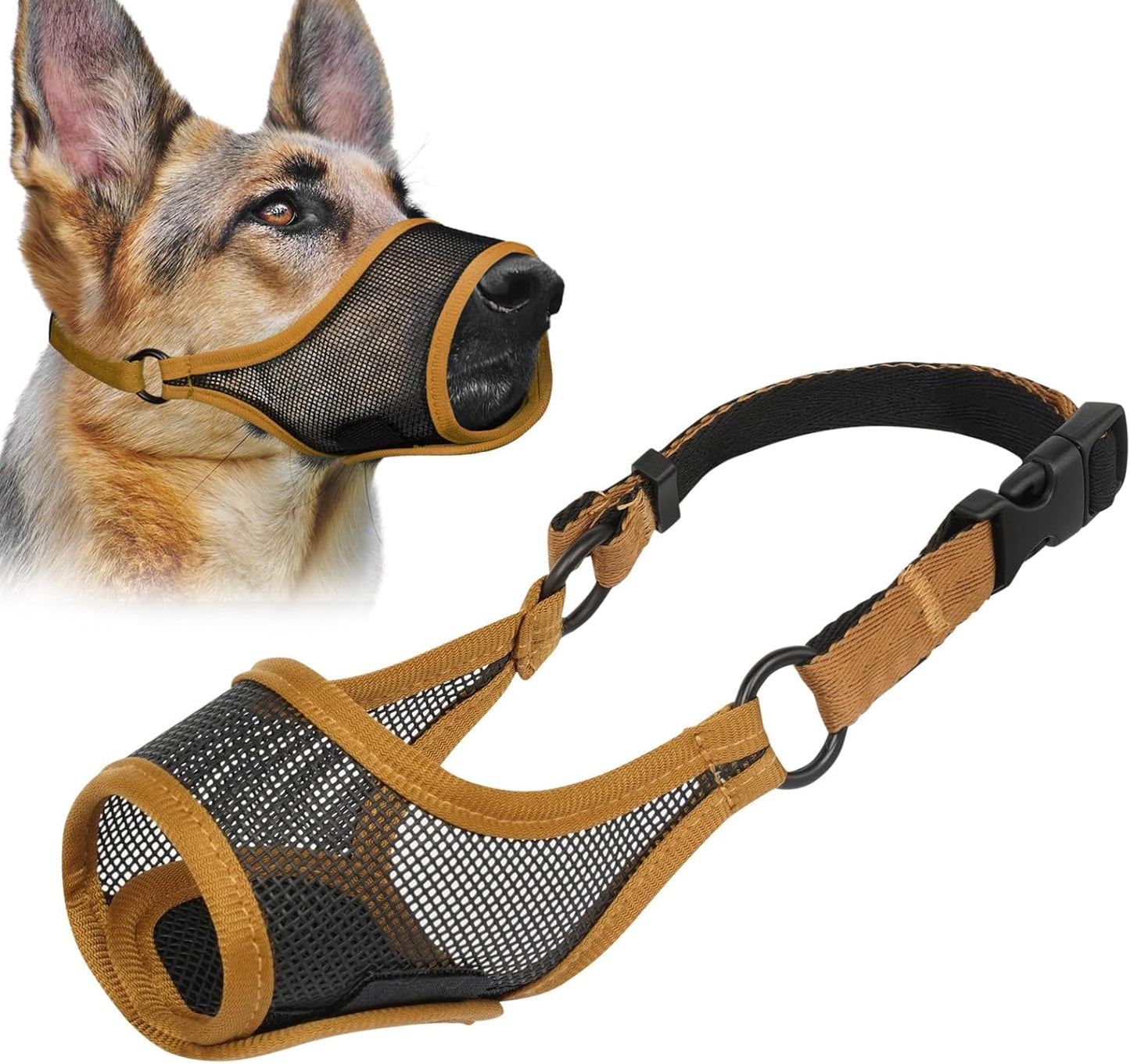 LUCKYPAW Dog Muzzle, Mesh Muzzle for Large Medium Small Dogs, Soft Mouth Guard for Biting Chewing, Breathable Mouth Guard with Adjustable Strap for Training(Brown, XL(Snout:11"-12.25"))