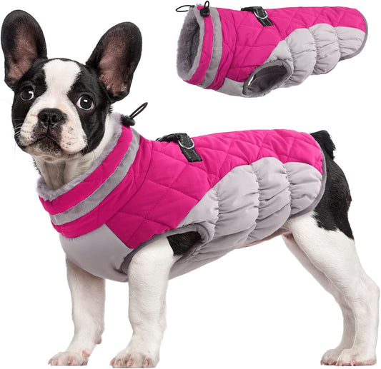 FUAMEY Dog Coat for Small Dogs,Waterproof Dog Winter Jacket with Harness Built in Puppy Cold Weather Coats Reflective Pet Vest with Zipper Warm Fleece Dogs Snowsuit Windproof Pink XS