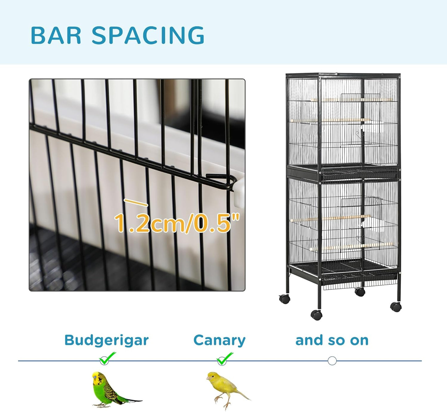 PawHut Large Bird Cage with 1.7 ft. Width for Wingspan, Bird Aviary Indoor with Multi - Door Design, Fit for a Canary, Finch, Conure, 55", Black