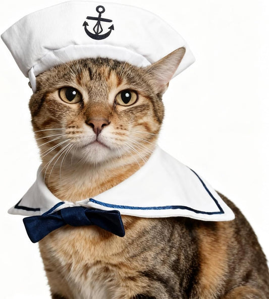 Enjoying Cat Sailor Costume, Halloween Small Dog Sailor Hat Outfit with Tie, Adjustable Pet Navy Costume for Cats Doggies Rabbits Cosplay