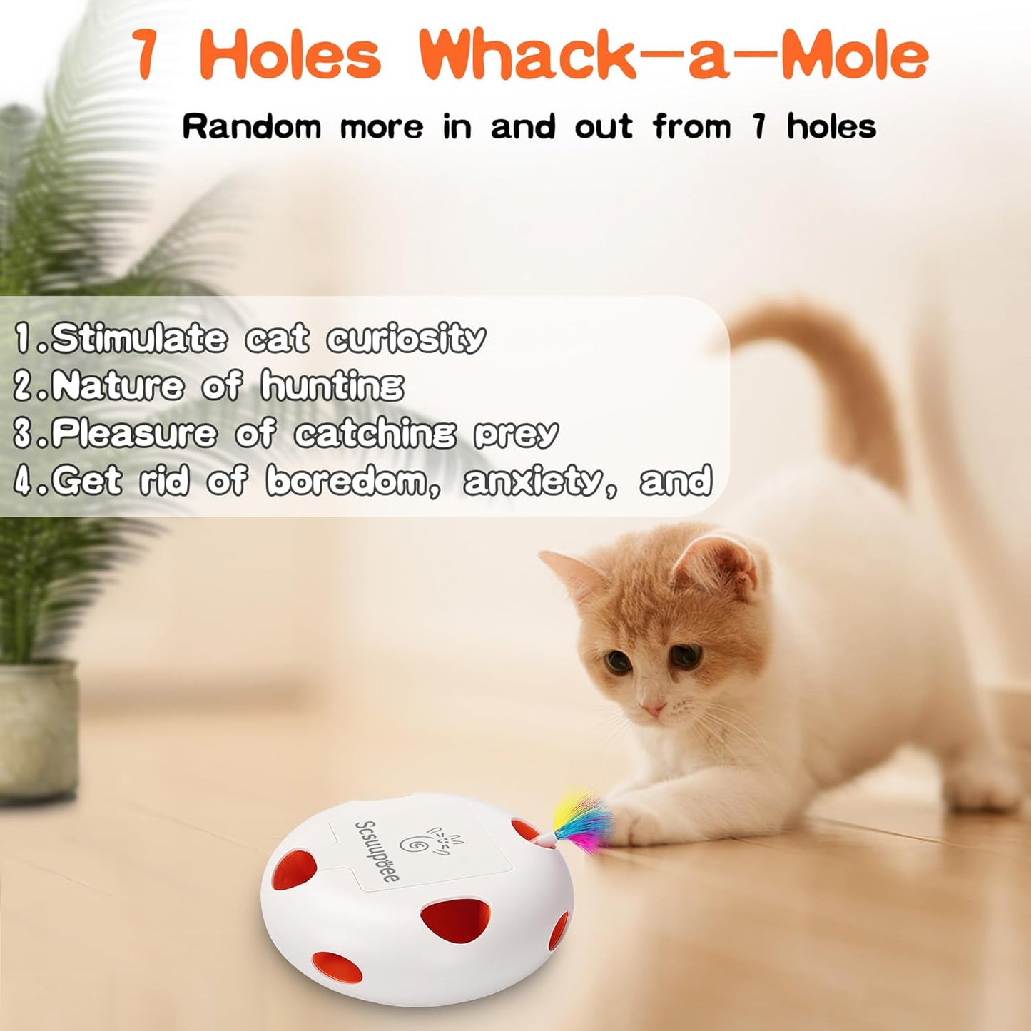 Interactive Cat Toy, Electric Cat Toys for Moving Concealed Feathers, Smart Sensor 7 Holes Whack a Mole Feather Toy, USB Charge Automatic Kitten Toys,White