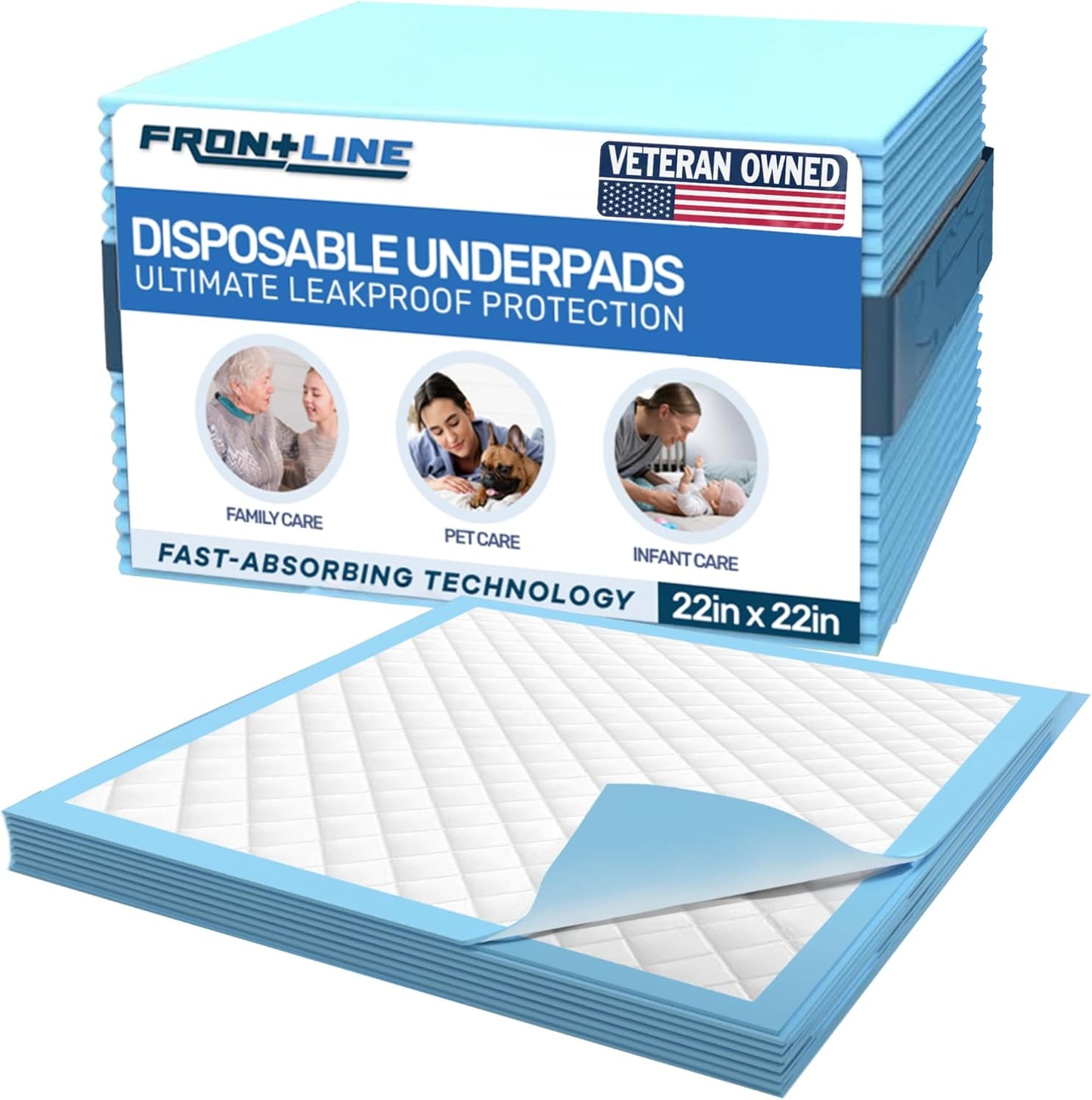FRONTLINE Disposable Pee Pads 22'' X 22'' Ultra Absorbing Premium Heavy Duty Leakproof Underpads Puppy Essentials Pet Potty Training Wee Wee Pads Waterproof Protection for Dogs, Cats, Baby
