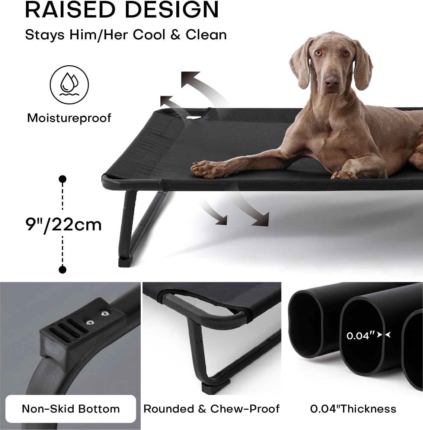 Made4Pets Raised Dog Bed for XXL Dogs - Outdoor Elevated Pet Cot with Snap-in Legs, Washable Mesh, Non-Slip Feet, Durable & Chew-Resistant Hammock Bed, Indoor & Outdoor Use, 54"x37", Black