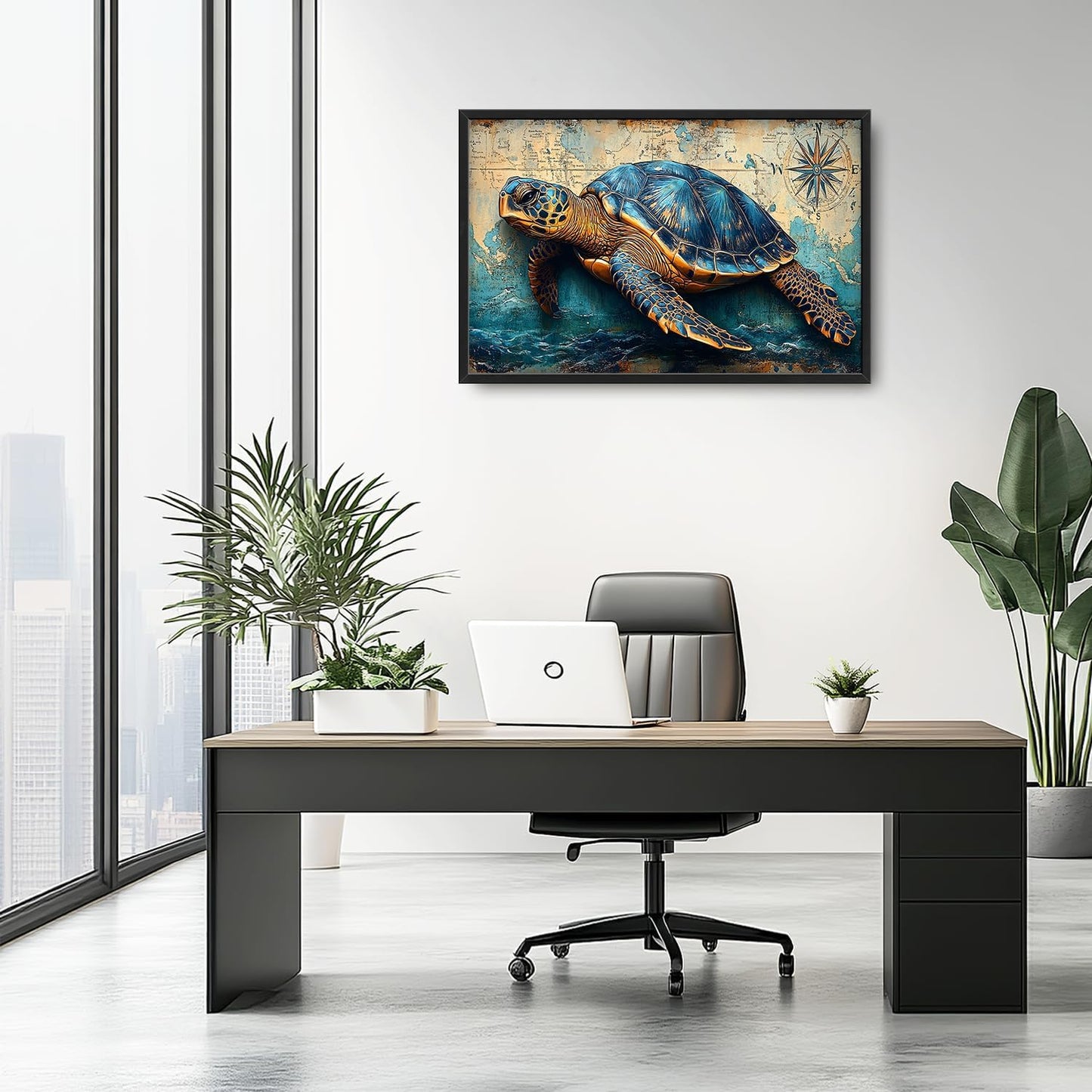 Large Nautical Turtle Wall Art for Living Room, Coastal Ocean Canvas Oversized Wall Decor, Beach Aesthetics Framed Pictures Painting Print Artwork for Bedroom Office 36L" x 24W"