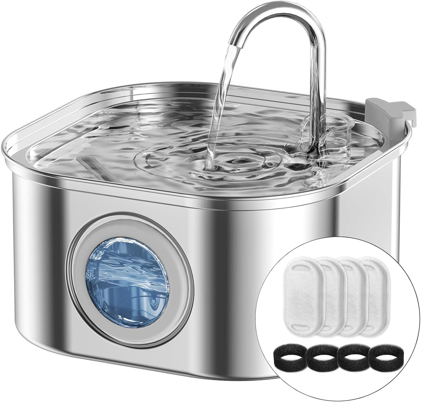 Cat Water Fountain Stainless Steel: 108oz/3.2L Automatic Pet Water Fountain - Dog Water Dispenser with Water Level Window - for Cats Inside with 4 Replacement Filters and 4 Sponges