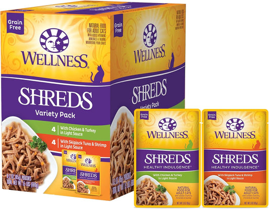 Wellness Healthy Indulgence Shreds Adult Wet Cat Food, Natural, Protein-Rich, Grain Free, 3 Ounce Pouch, 8 Pack, (Shreds Variety Pack)