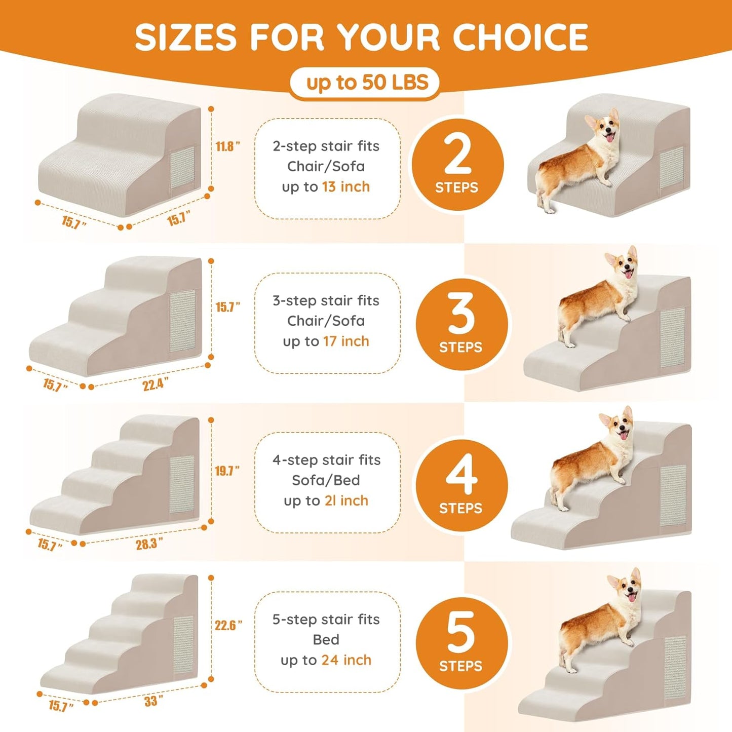 Pet Stairs, Dog Stairs for Small Dogs, Dogs Steps, 5-Step Curved Dog Ramp for Bed, Couch, Sofa, Car and Chairs, Non-Slip Bottom Design, Cat Scratching Board, High Density Foam Portable Pet Step, Beige