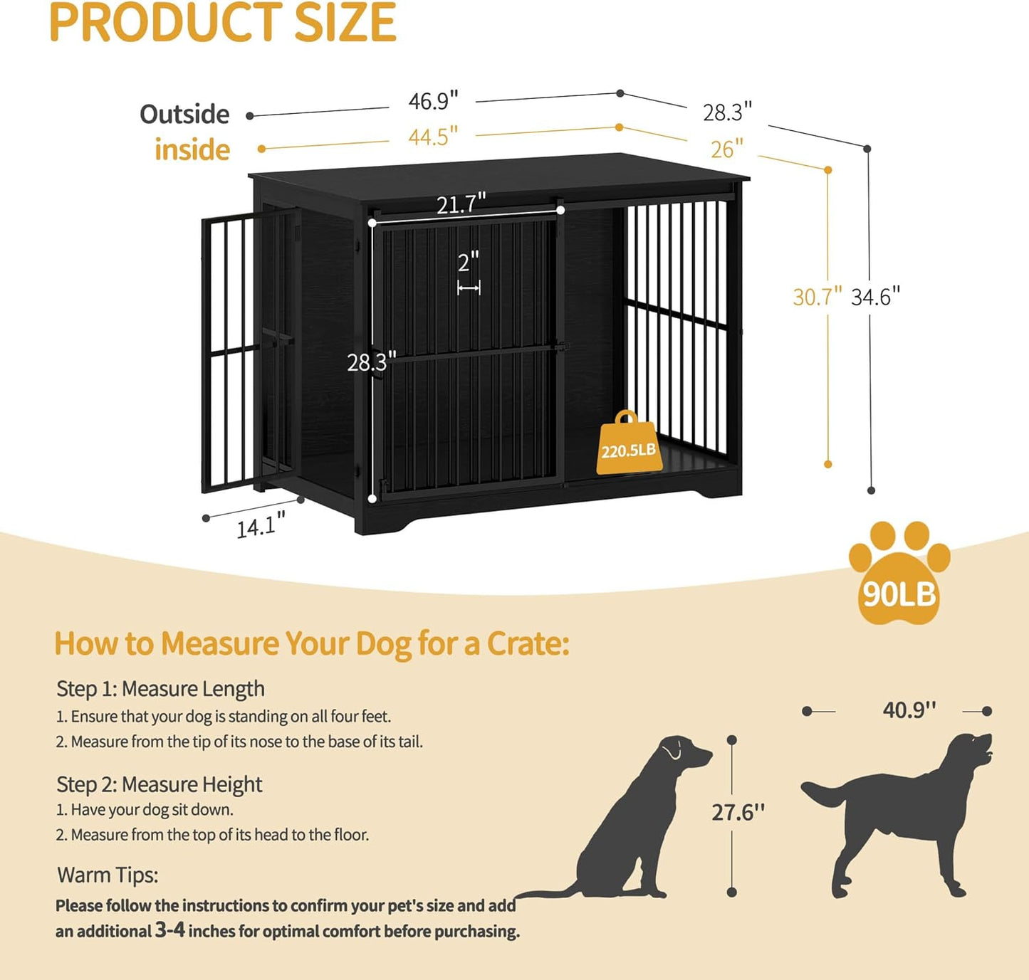 XXL Large Dog Crate Furniture, 46.9" Indoor Dog Kennel Furniture with Barn Door, Wooden Tall Dog Crate, Heavy Duty Dog Cage for Large Dogs, Side End Table, Anti-Chew, Black DFC83804B
