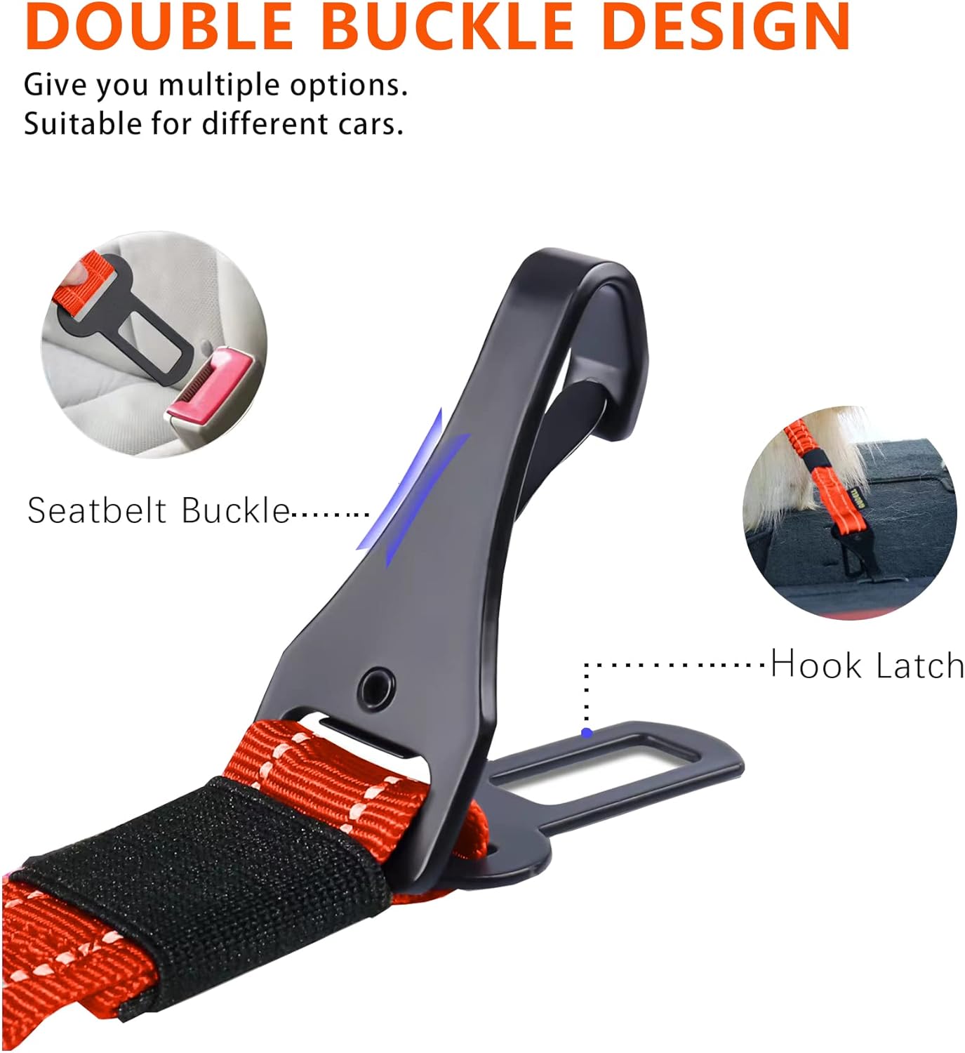 AUBELL Dog Seat Belt for Car,Updated 3-in-1 Adjustable Reflective Bungee Heavy Duty Dog Car Harness Tether with Clip Hook Latch & Buckle,Swivel Zinc Alloy Carabiner,Orange
