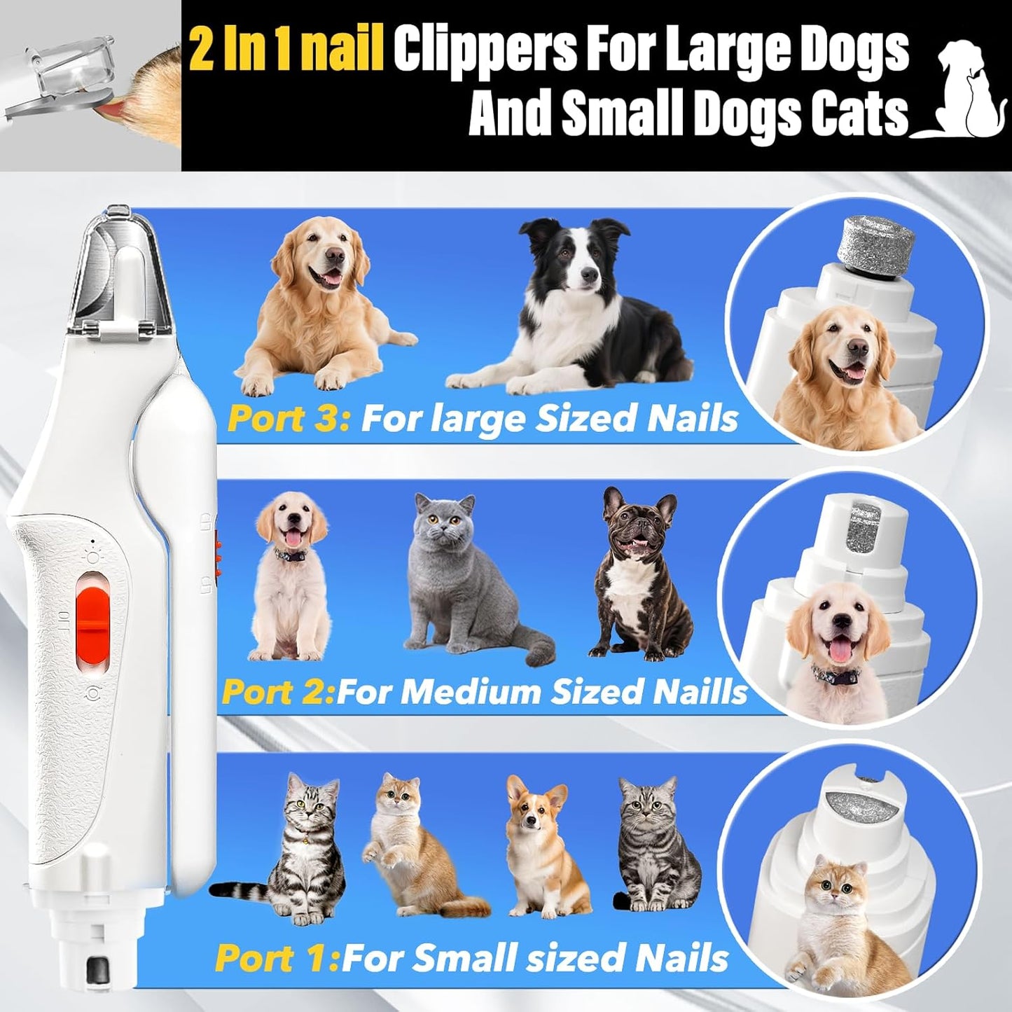 2-in-1 Cat Nail Clippers & Dog Nail Clippers Trimmers for Large Medium Small Dogs Cats Claw Trimmer Quick Sensor and Safety Guard USB Rechargeable with 2 LED Lights Dogs Nail Trimmer