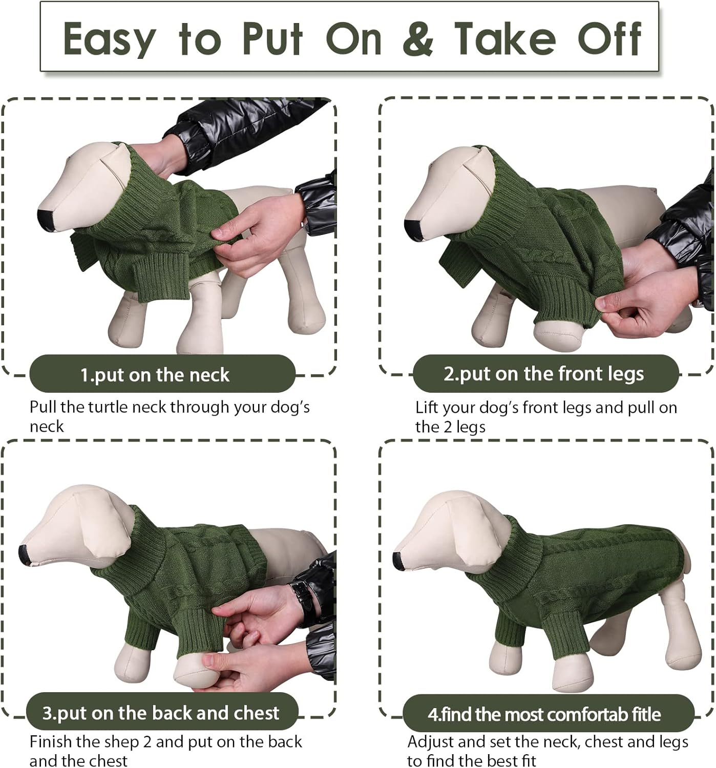 Queenmore Small Dog Pullover Sweater, Cold Weather Cable Knitwear, Classic Turtleneck Thick Warm Clothes for Chihuahua, Bulldog, Dachshund, Pug (Army Green, X-Large)