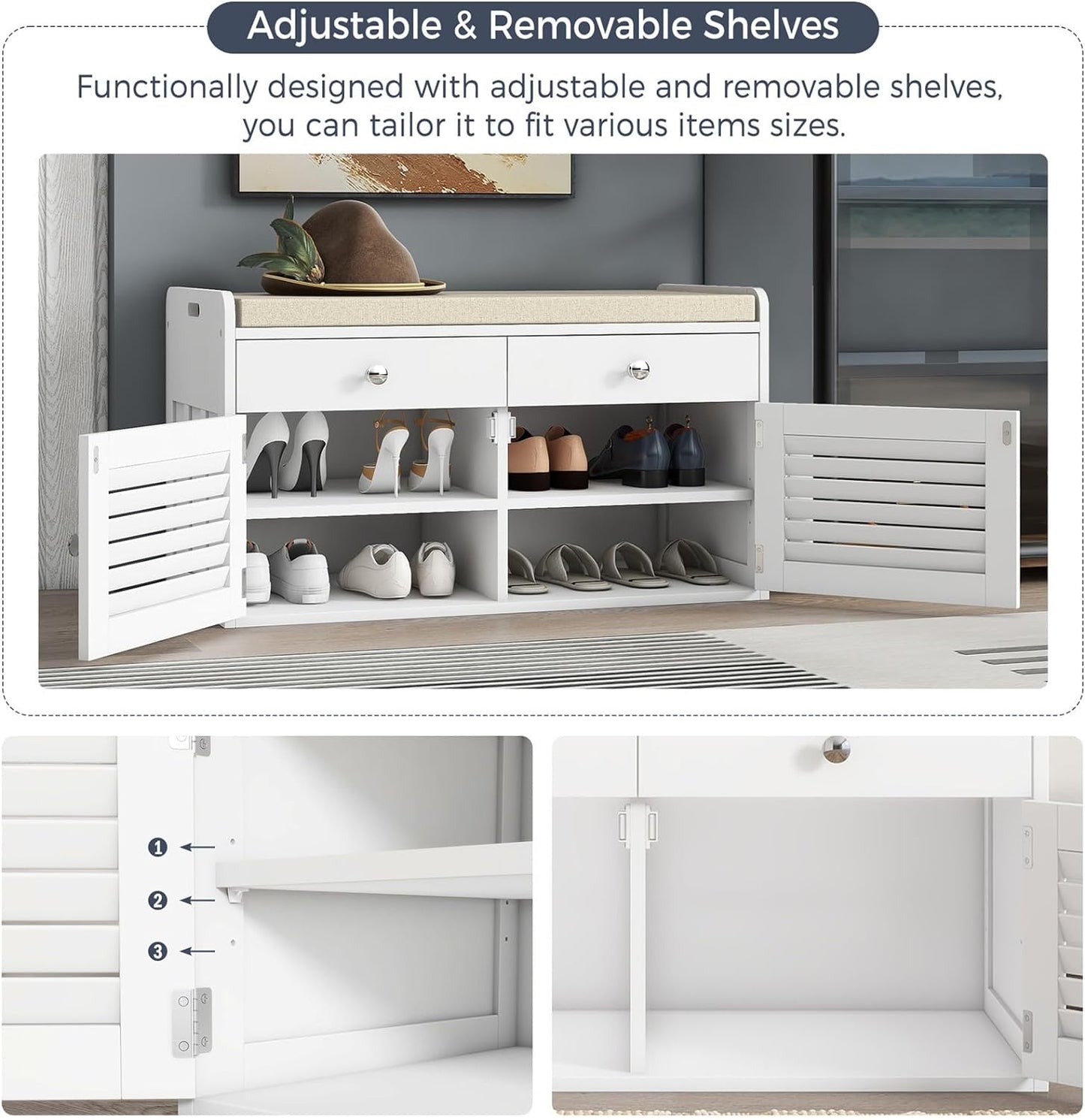 Shoe Storage Bench with 2 Drawers & 2 Doors, Entryway Bench with Cushion, 2 Adjustable Shelves, Shoe Cabinet for Entryway, Living Room, Hallway, Mudroom, Bedroom, White