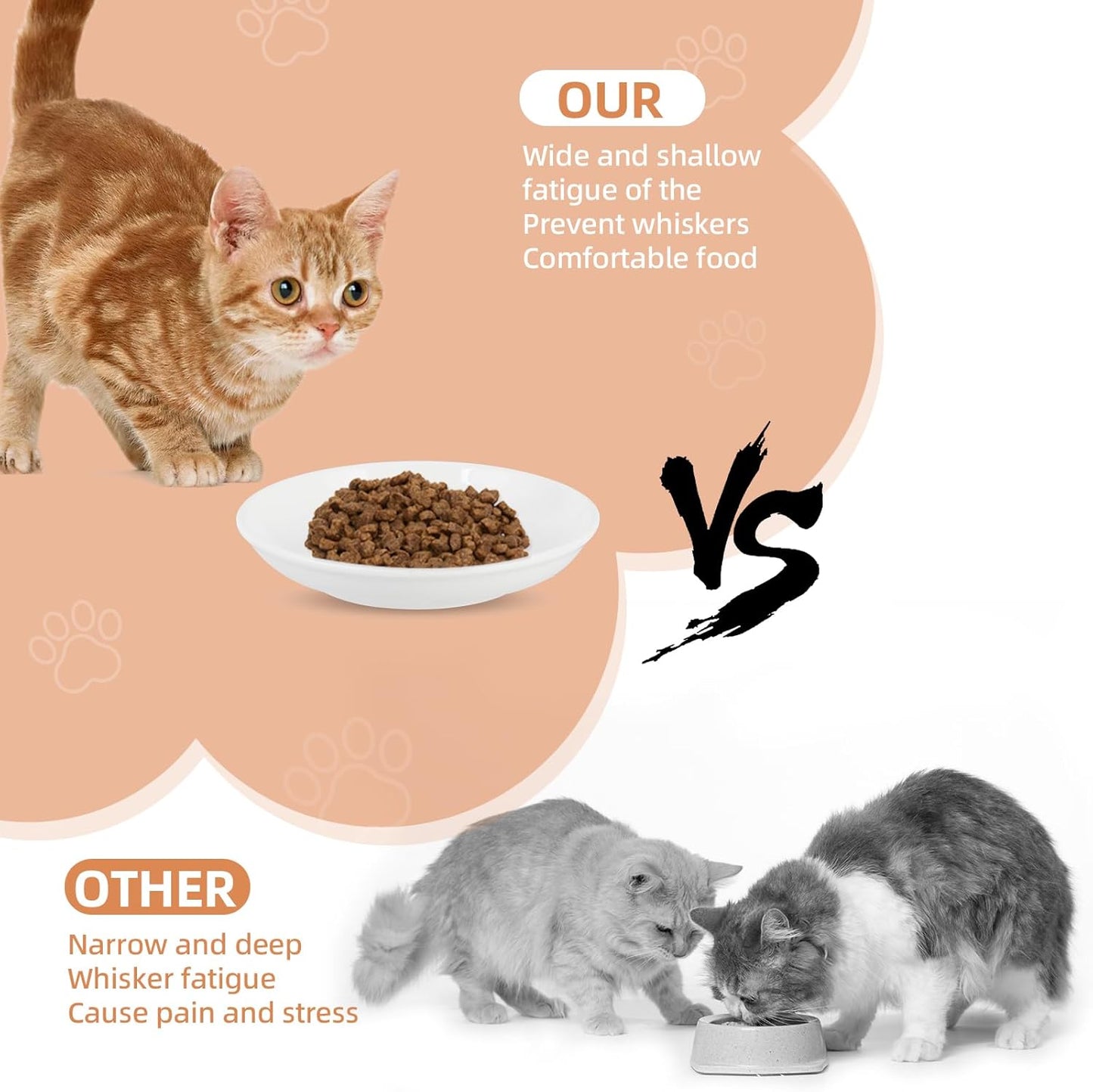 6 Pack Cat Food Bowl, Ceramic Cat Bowls, Anti Whisker Fatigue Cats Bowl Set,5.5 Inches Shallow Wide Kitten Plates for Food and Water (Cat's Paw Style)