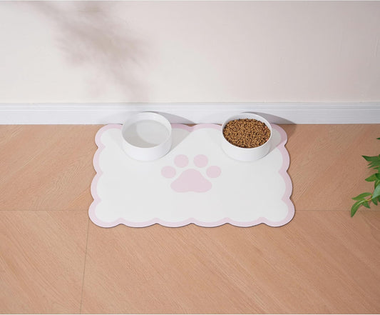 Ralxion Scalloped Dog Feeding Mat, Absorbent Mats for Dog Food and Water Bowl, Dispenser, Cute Elegant Aesthetic Pastel Pink Scallop Pet Placemat for Dogs, Cats, Puppy Accessories, 17" X 24”