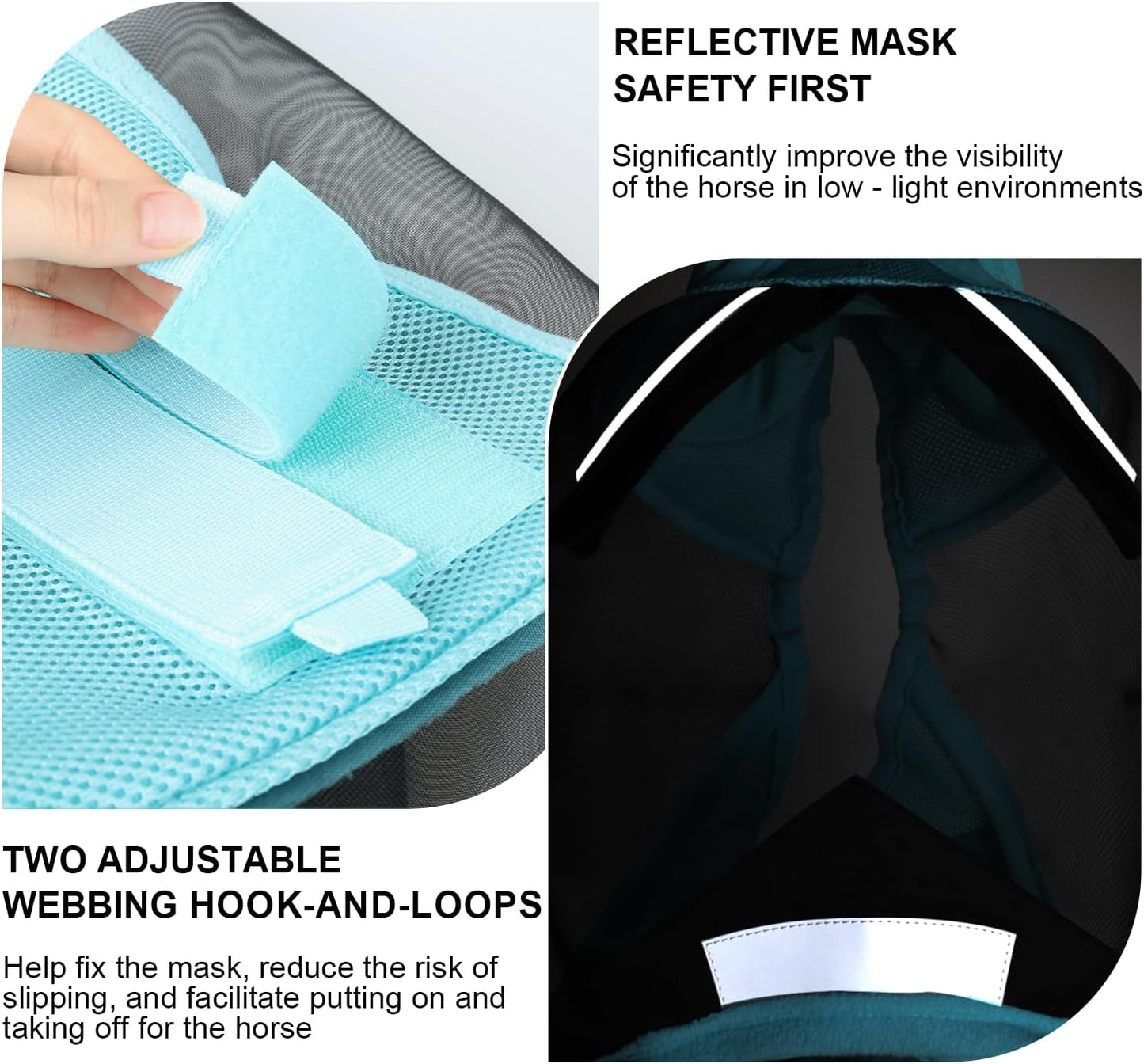 Luminous Horse Fly Mask with Long Nose, Ears, Full Face & Eye Protection - Full Mesh, Detachable Nose Cover, Fleece Padded Edging, Hook-and-Loop Straps with Webbing, Hanging Straps Mint Green