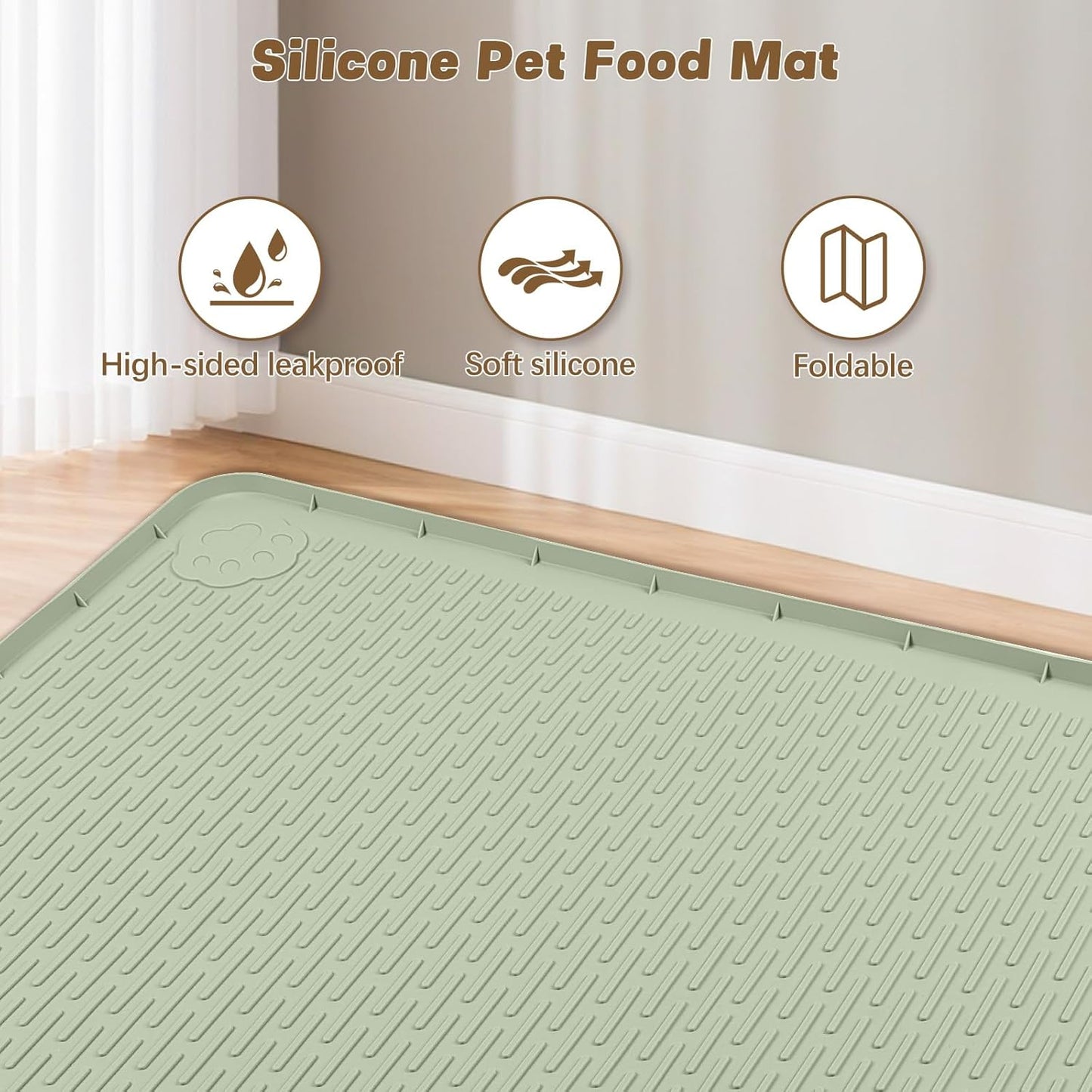 Cat Food Mat, 50" x 35" Extra Large Silicone Pet Feeding Mat with Raised Edge Pet Placemat for Food and Water Bowl Non-Slip, Easy to Clean, Floor Protection (Green)