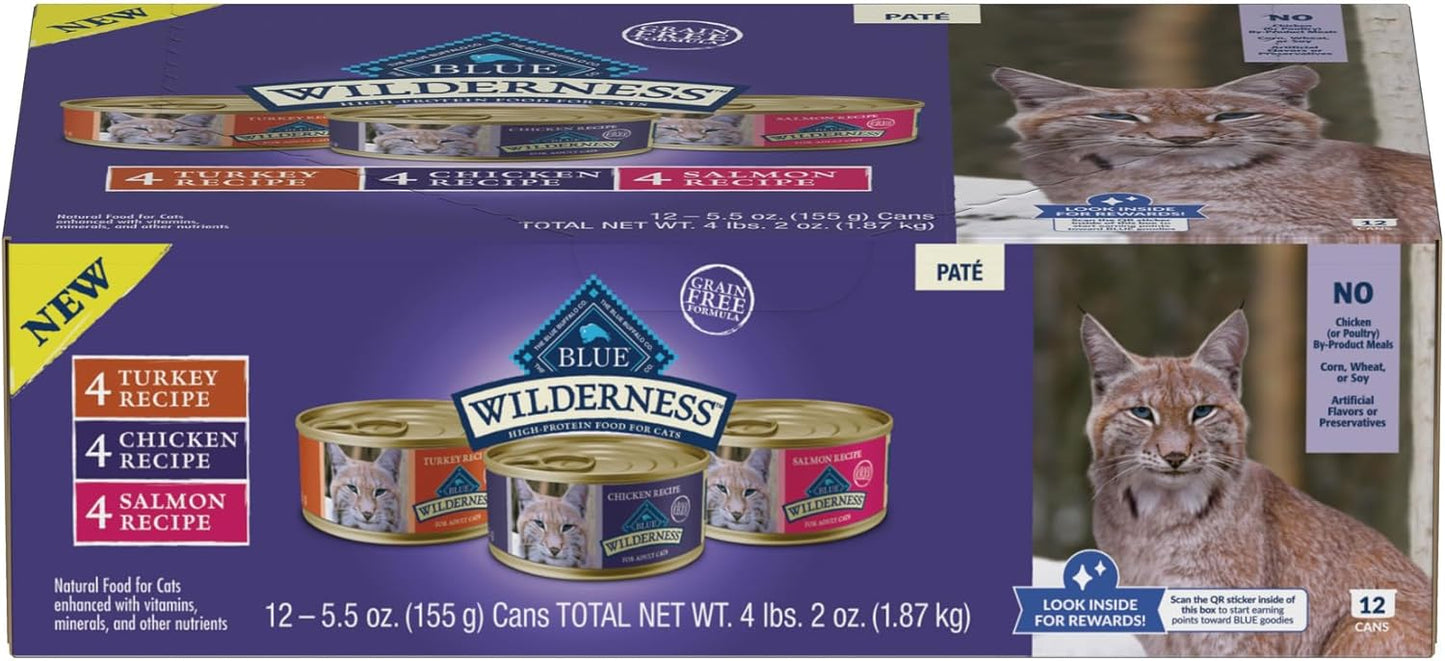 Blue Buffalo Wilderness High Protein, Natural Adult Pate Wet Cat Food Variety Pack, Chicken, Salmon, Turkey 5.5-oz can (12 count - 4 of Each Flavor)