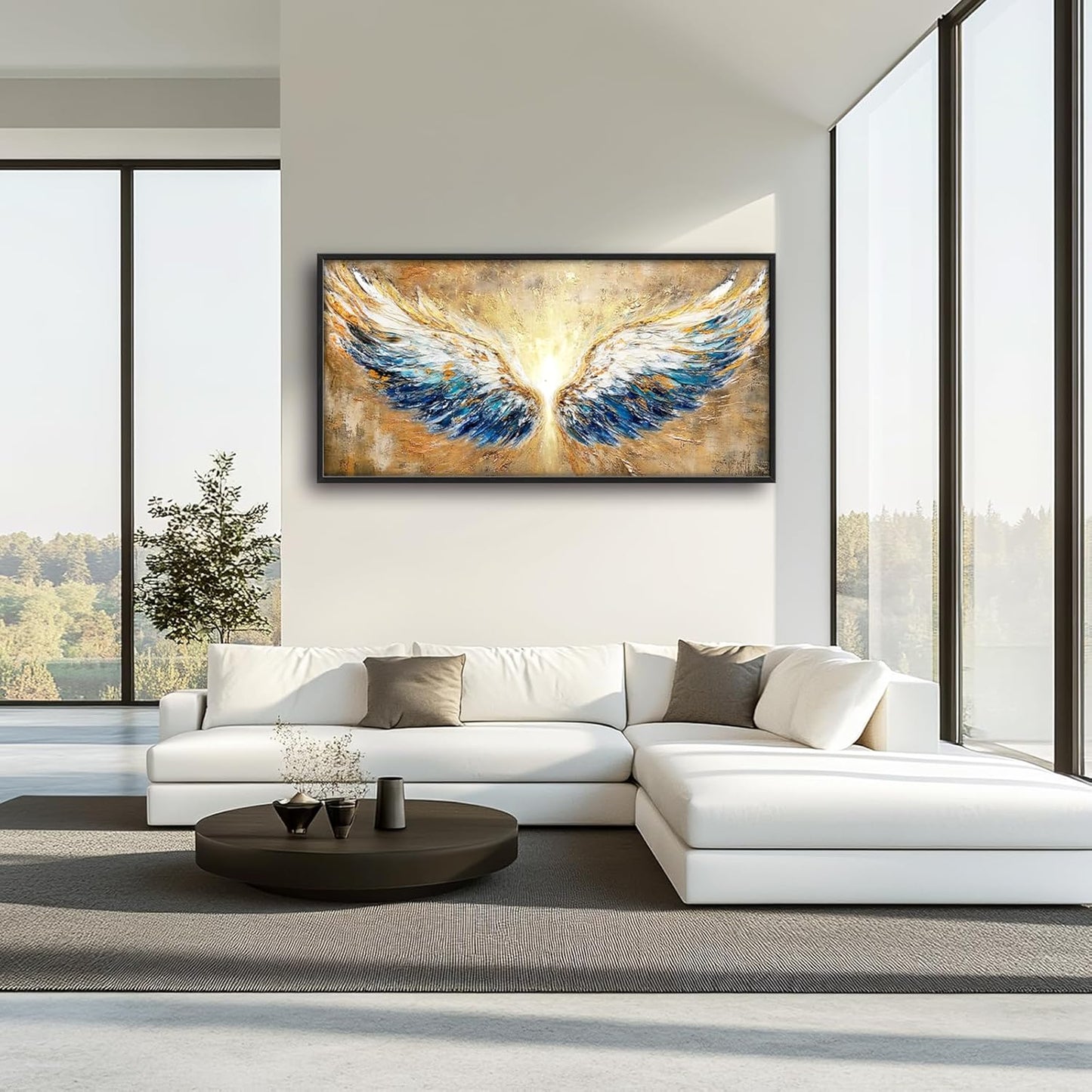 Extra Large Angel Wings Framed Wall Art for Living Room,Oversized Golden Wings Pictures Wall Decor,Holy Gold Blue Canvas Print Painting Modern Artwork Bedroom Office Bathroom 60L" x 30W"
