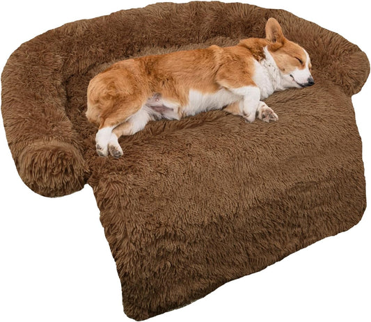 GGIB Calming Dog Bed Fluffy Plush Dog Mat for Furniture Protector with Removable Washable Cover for Large Medium Small Dogs and Cats (Medium, Brown)