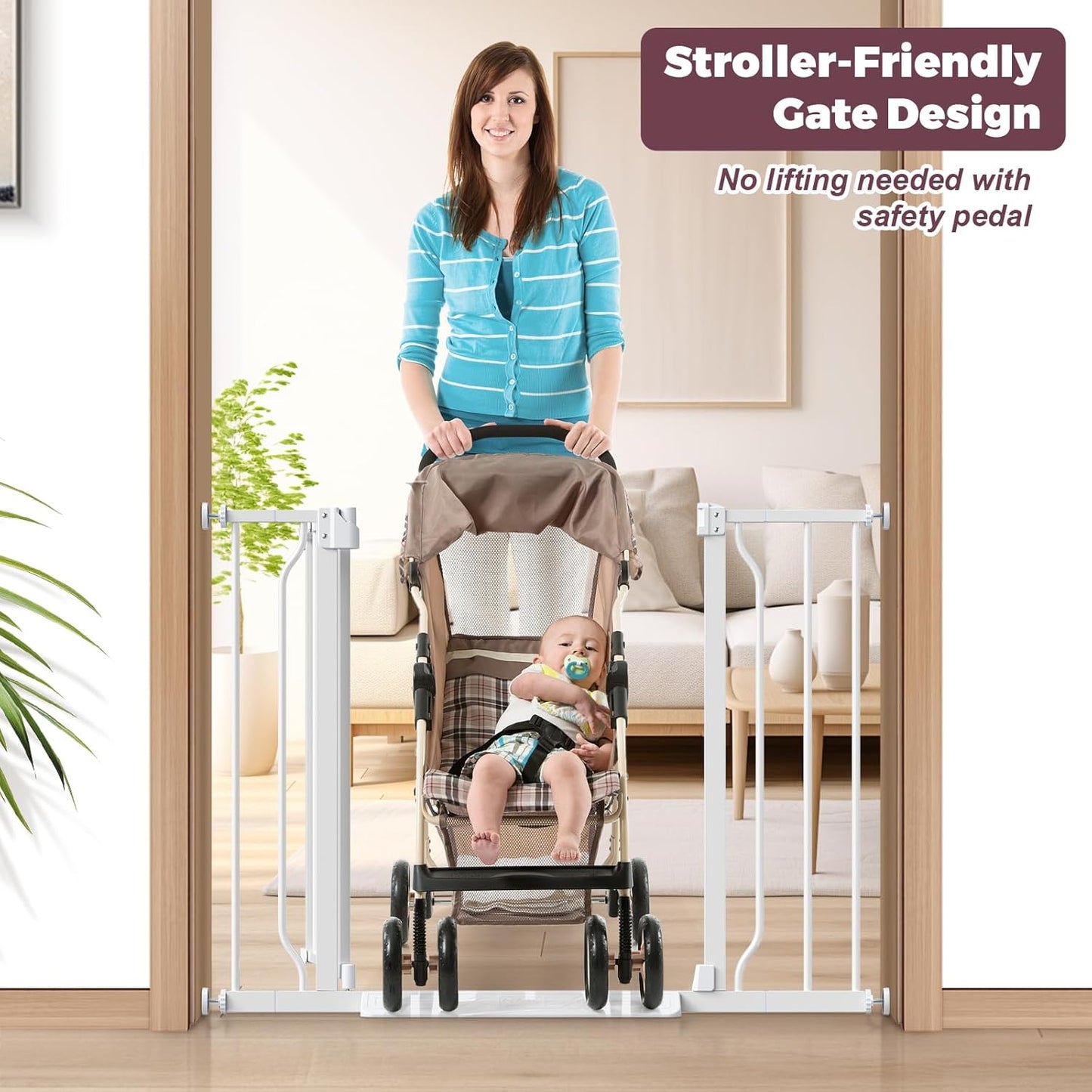 29"-40" Baby Gate for Stairs, Auto Close Stroller Friendly Dog Gate Indoor for Doorways, Pressure Mounted Baby Gate, Easy Walk Through Gate for Children & Pets, White