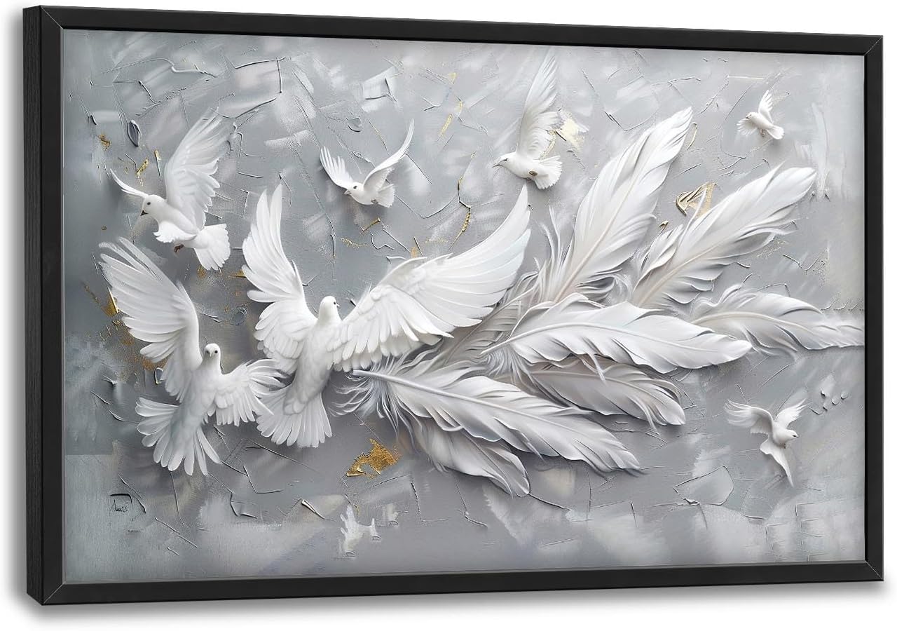 Quorin Feather Dove Bird Large Wall Art White Gray Holy Wings Pictures Peaceful Birds Flying Wall Decor Canvas Print Painting Artwork for Bathroom Living Room Bedroom 36L x 24W