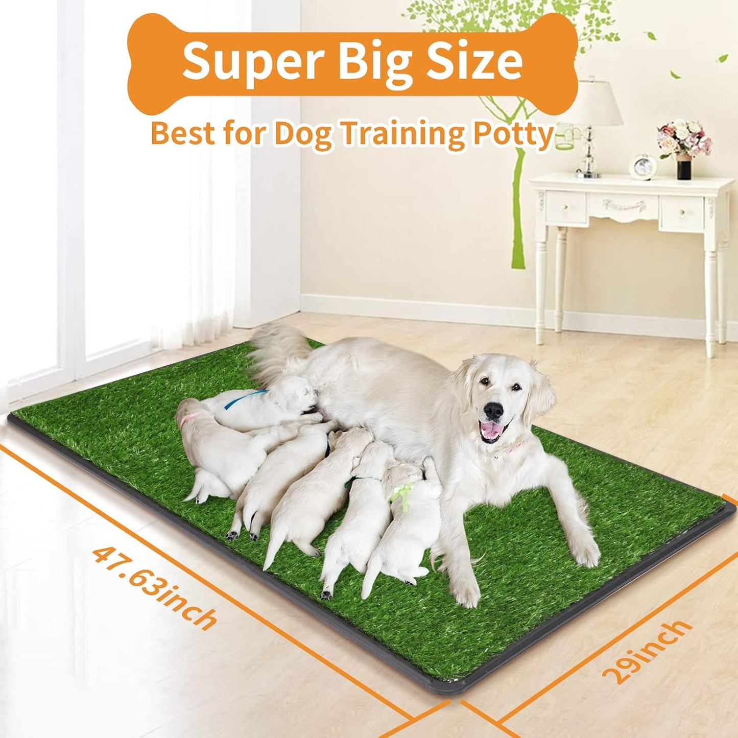 LOOBANI Large Dog Grass Pad with Tray - Dog Litter Box - Indoor Potty for Apartment and Patio Training - with 2 Packs Grass Pee Pads for Replacement, 47.6×29 Inch