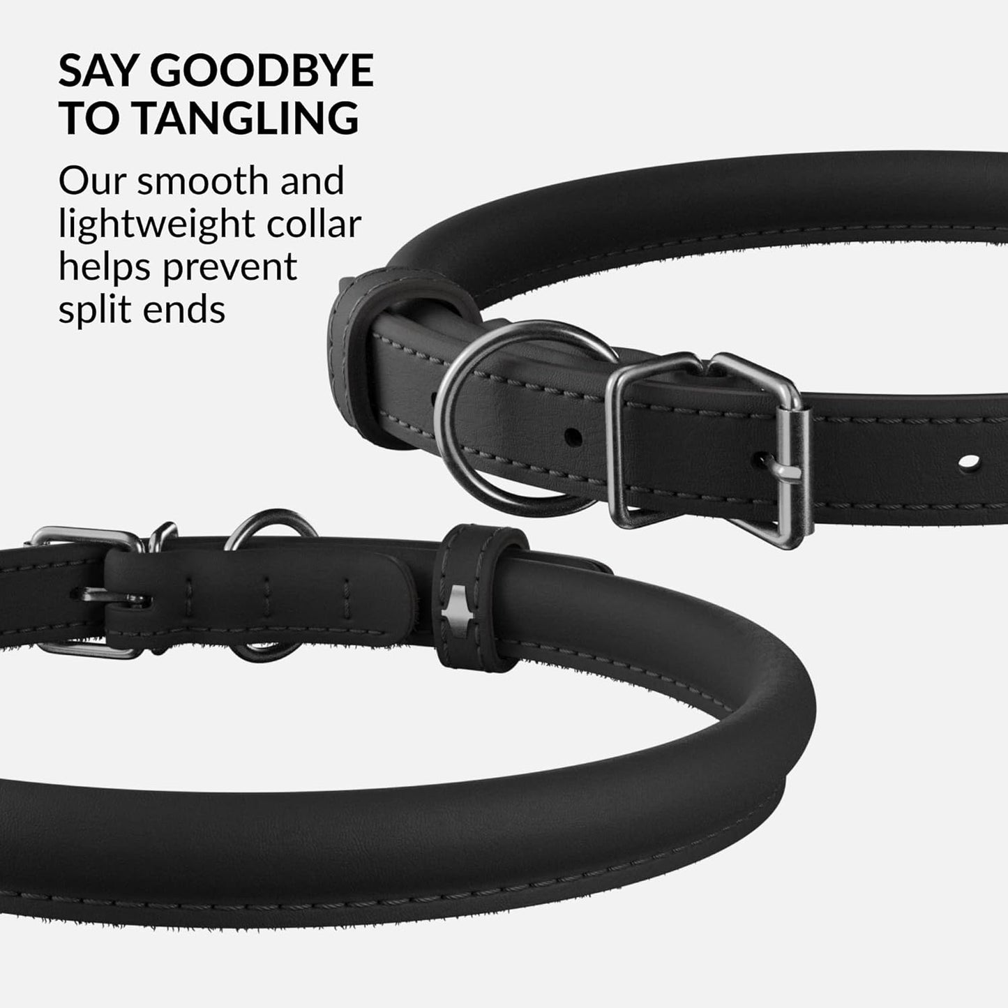 CollarDirect Rolled Leather Dog Collar, Soft Padded Round Puppy Collar, Handmade Genuine Leather Collar Dog Small Large Cat Collars 13 Colors (13-16 Inch, Black Smooth)