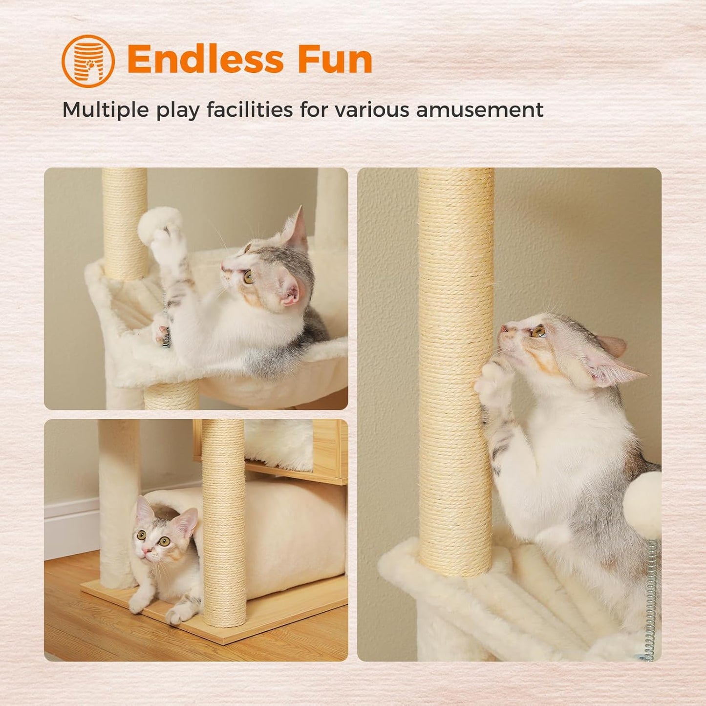 PEQULTI Floor to Ceiling Cat Tree 93.3’’-100.8’’ Height Adjustable Wooden Cat Tower Tall Climbing Play House with Scratching Posts, Cozy Condo, Perches and Large Hammock for Indoor Cats Beige