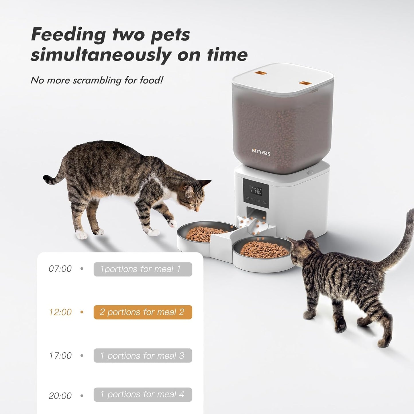 Automatic Cat Feeder for 2 Cats - 8L/34 Cups Large Capacity Auto Food Dispenser with LCD Screen, 2 Food Trays, Timed Cat Feeder, Up to 50 Portions 6 Meals Per Day, Keep Fresh, White
