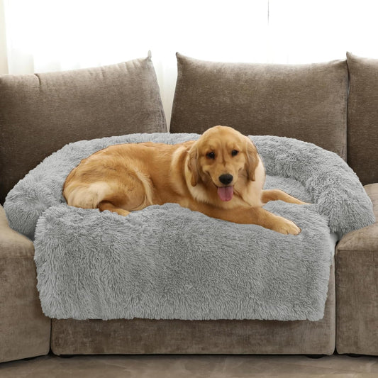 GGIB Calming Dog Bed Fluffy Plush Dog Mat for Furniture Protector with Removable Washable Cover for Large Medium Small Dogs and Cats (Extra Large (53x39.3x6), Grey)