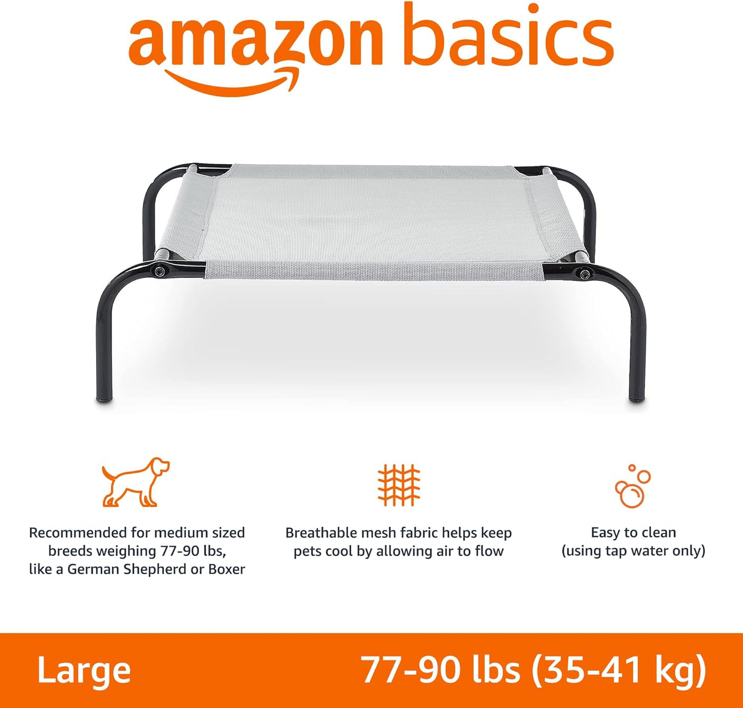 Amazon Basics Cooling Breathable Elevated Dog Bed with Metal Frame for Large Dogs, 51 x 31 x 8 Inch, Grey