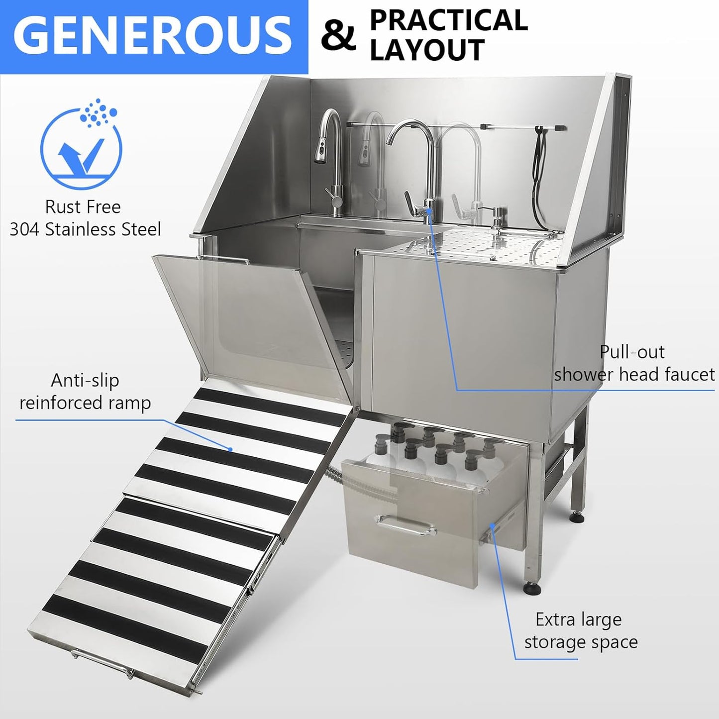 50" Dog Washing Station, Professional Stainless Steel Pet Dog Bathing Station with Ramp, Faucet, Storage Drawer, Floor Grate Dog Bathtub for Large, Medium, Small Pets (Right Ramp)