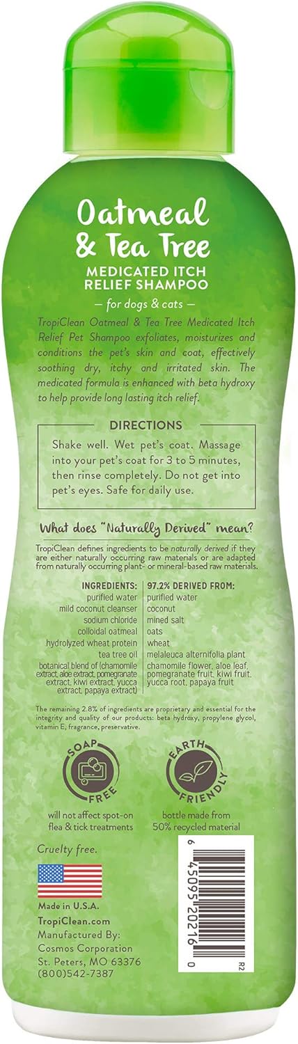 TropiClean Oatmeal Dog Shampoo for Itchy Skin Relief, Soothing Medicated Itch Relief, with Vitamin E, Puppy Safe, Made in USA, Cat Friendly, 20 oz.