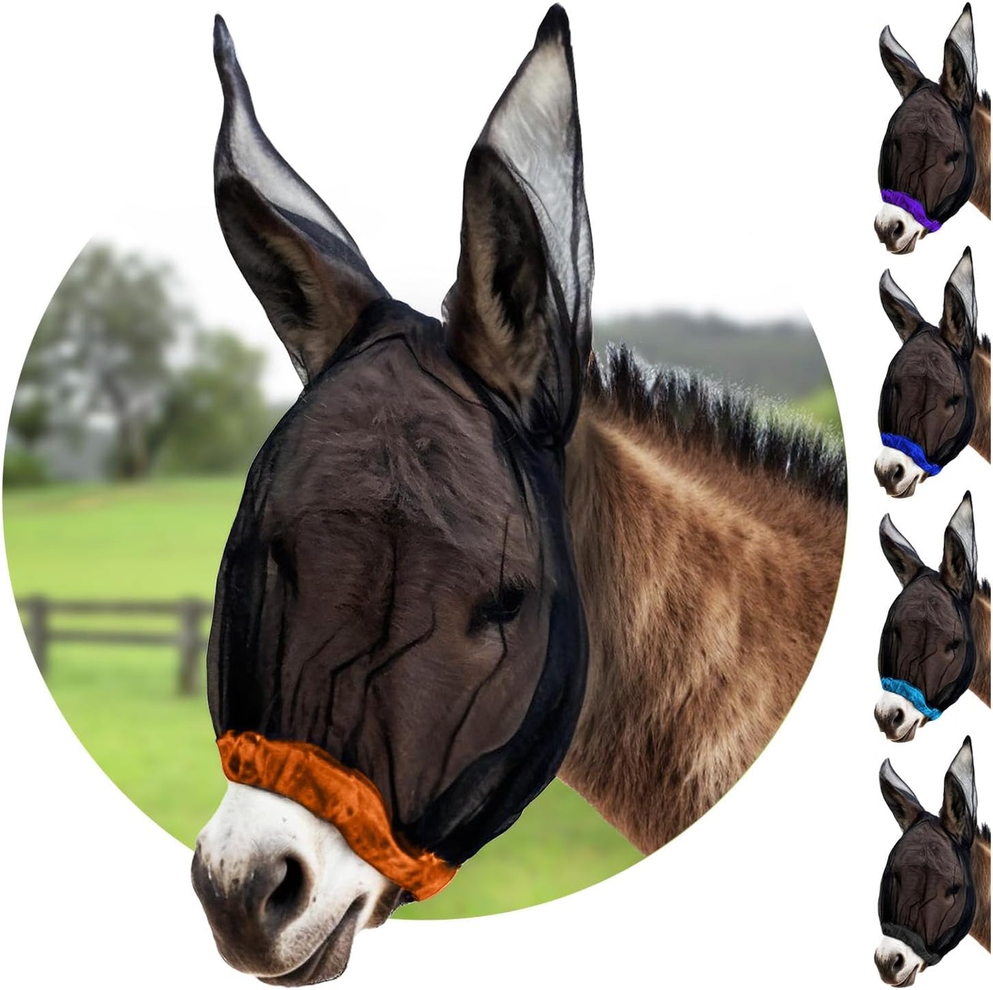 Donkey Fly Mask with Long Ears (Orange) Made in USA - Mule Fly Mask with Ears Protection from Insects and Bugs, Mini Donkey Soft Mesh Fabric with Adjustable Fastener, Face Cover Supplies for Donkeys