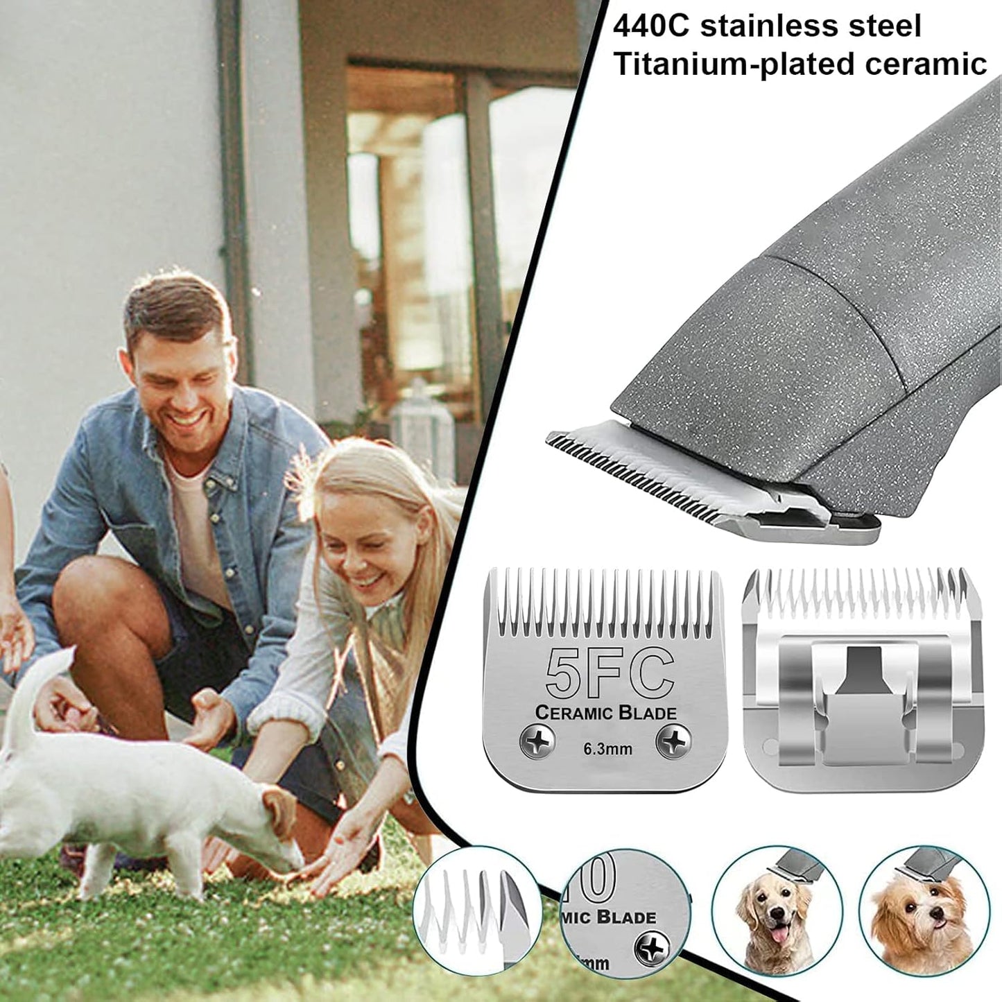 2PC 5FC Blade Dog Grooming Clipper Replacement Blades Compatible with Andis Dog Clippers,Detachable Ceramic Blade & Stainless Steel Blade,Size-5 FC 1/4-Inch Cut Length (64122)
