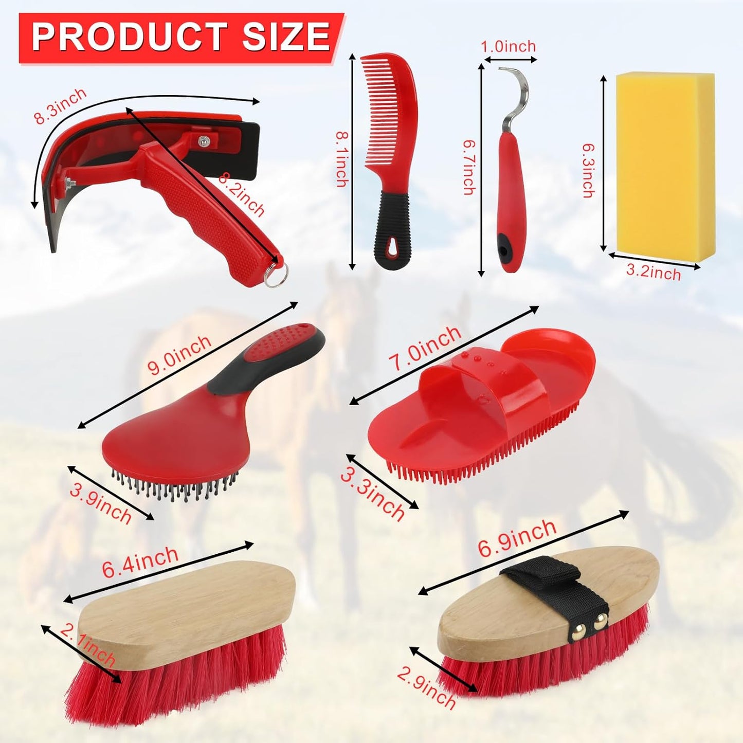 9 Pieces Grooming Kit with Tote Bag - Brush Set, Sweat Scraper, Sponge, Hoof Pick, Curry Comb for Horse Riders and Beginners (Red)