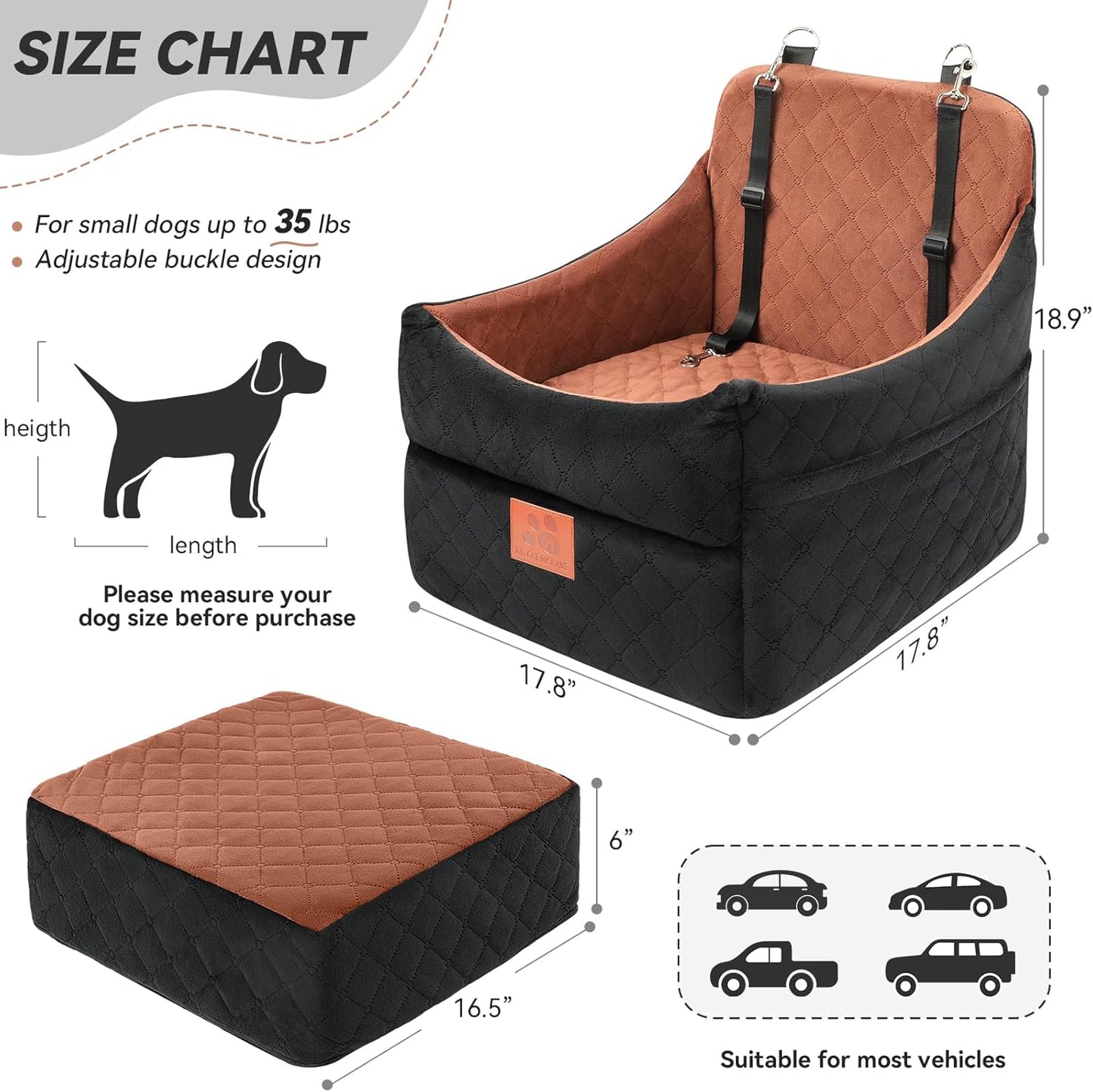 Dog Car Seat for Small/Medium Dogs, Dog Booster Car Seats with Thick Cushion for Dogs Under 35lbs, Detachable Washable Pet Car Seat with Storage Pockets, 2 Safety Belts(Black/Brown)