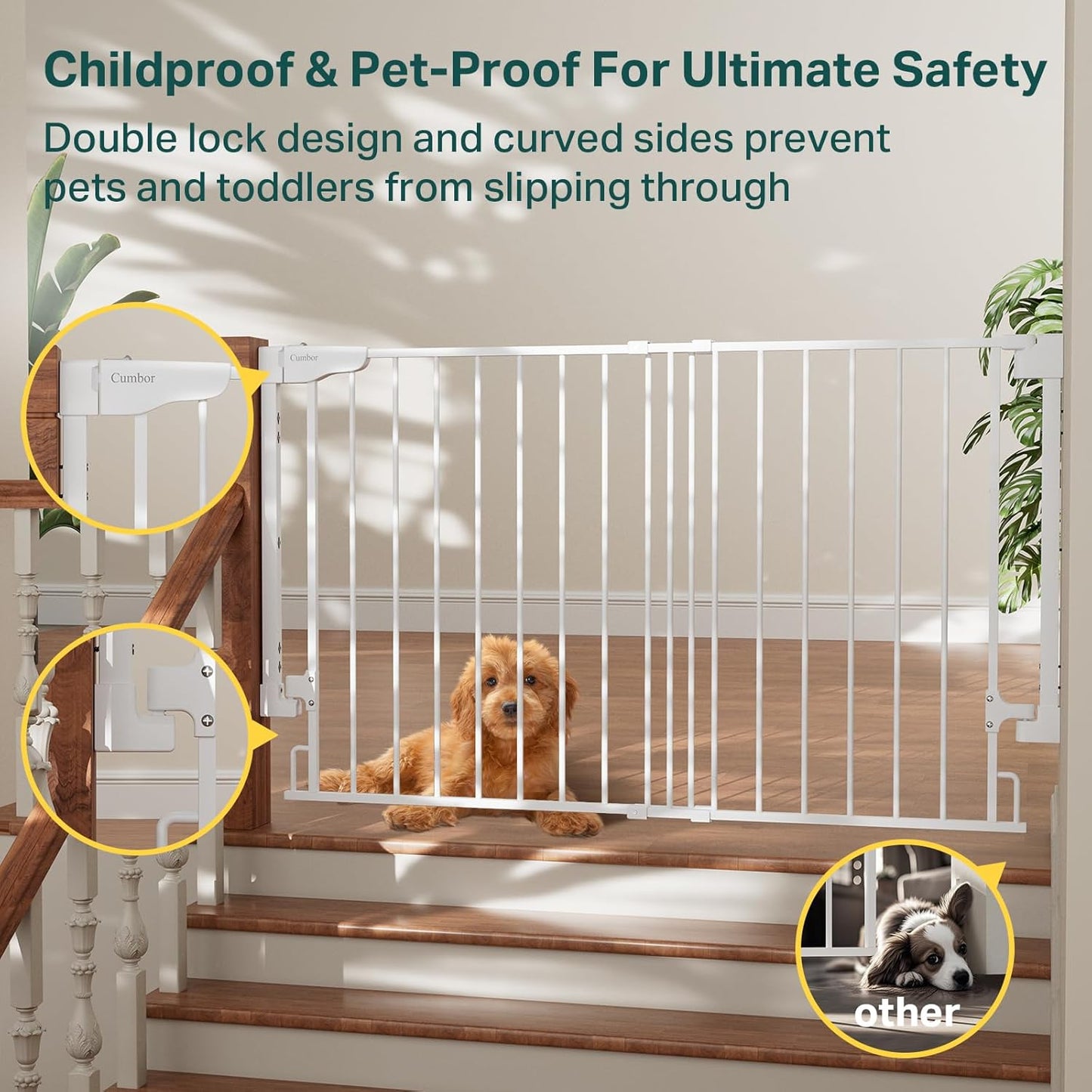 Cumbor 31.6-48" No Bottom Bar Baby Gate for Stairs, 2-in-1 Auto Close Dog Gate Indoor, Hardware Mounted Pet Gate for Doorways with Large Walk Thru Door, Child-Proof Safety Gate for Kids (White)