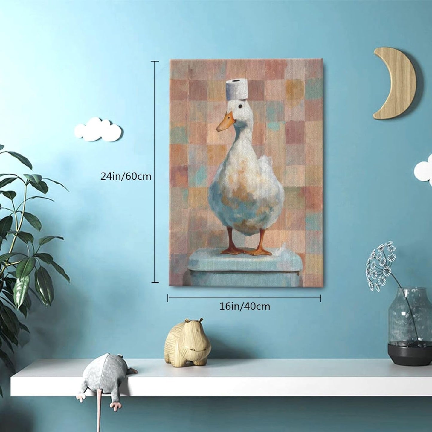 Funny Duck Bathroom Wall Art Cute Duck on Toilet Canvas Wall Decor Funny Quirky Farm Animal Pictures Painting Print Framed Artwork Decorations Gifts for Bathroom 16"x24"