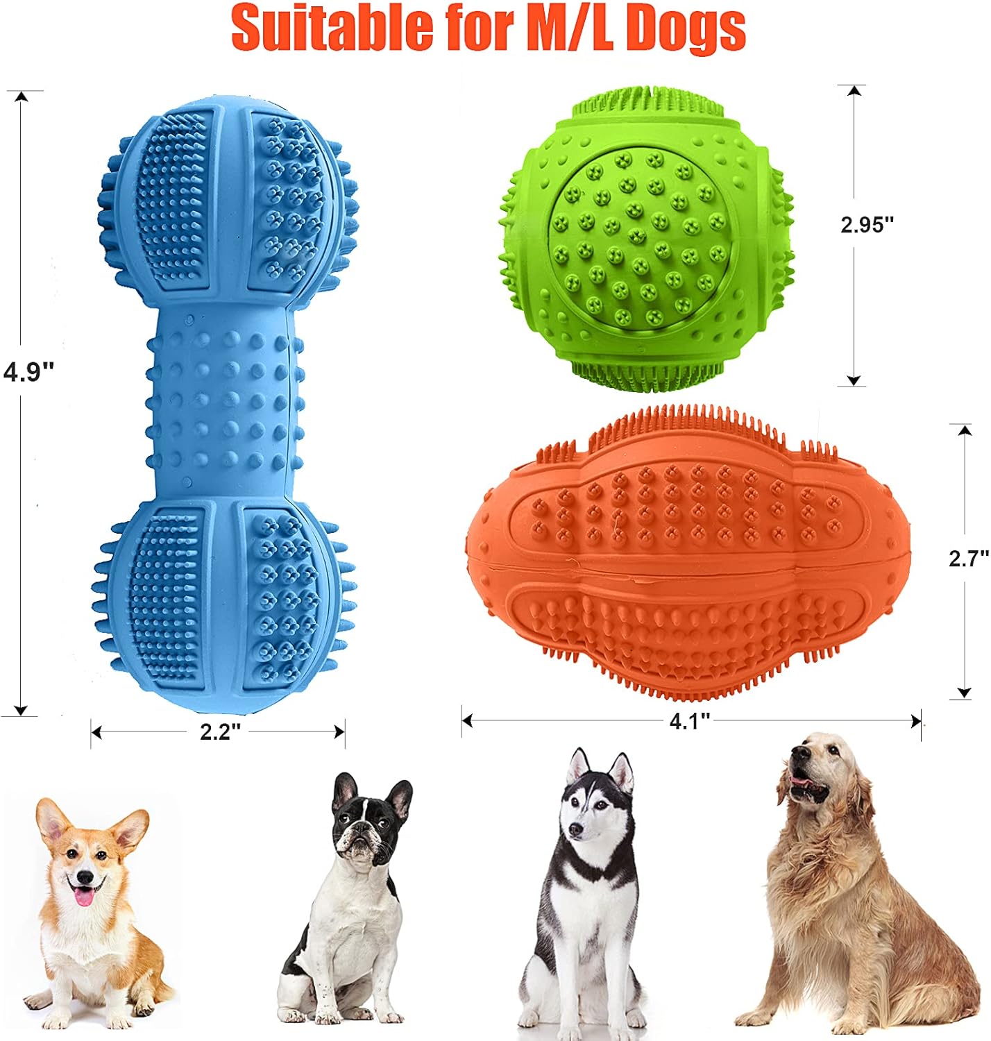 LUKITO Dog Chew Toys 3 Pack for Aggressive Chewers, Multifunctional Teeth Cleaning and Gum Massage, Tough Toys with Natural Rubber for Large and Medium Dog