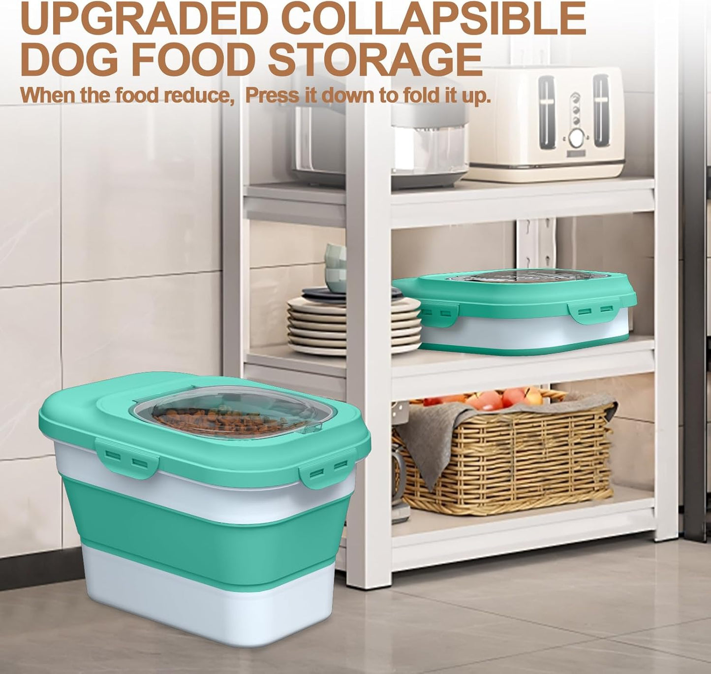 Dog Food Storage Container, 10lb to 13lb Collapsible Dog Cat Food Containers with Airtight Clear Flip-top and Pet Food Scoop, Pet Food Storage Container Bin for Dog Cat Bird Other Pets (Green)