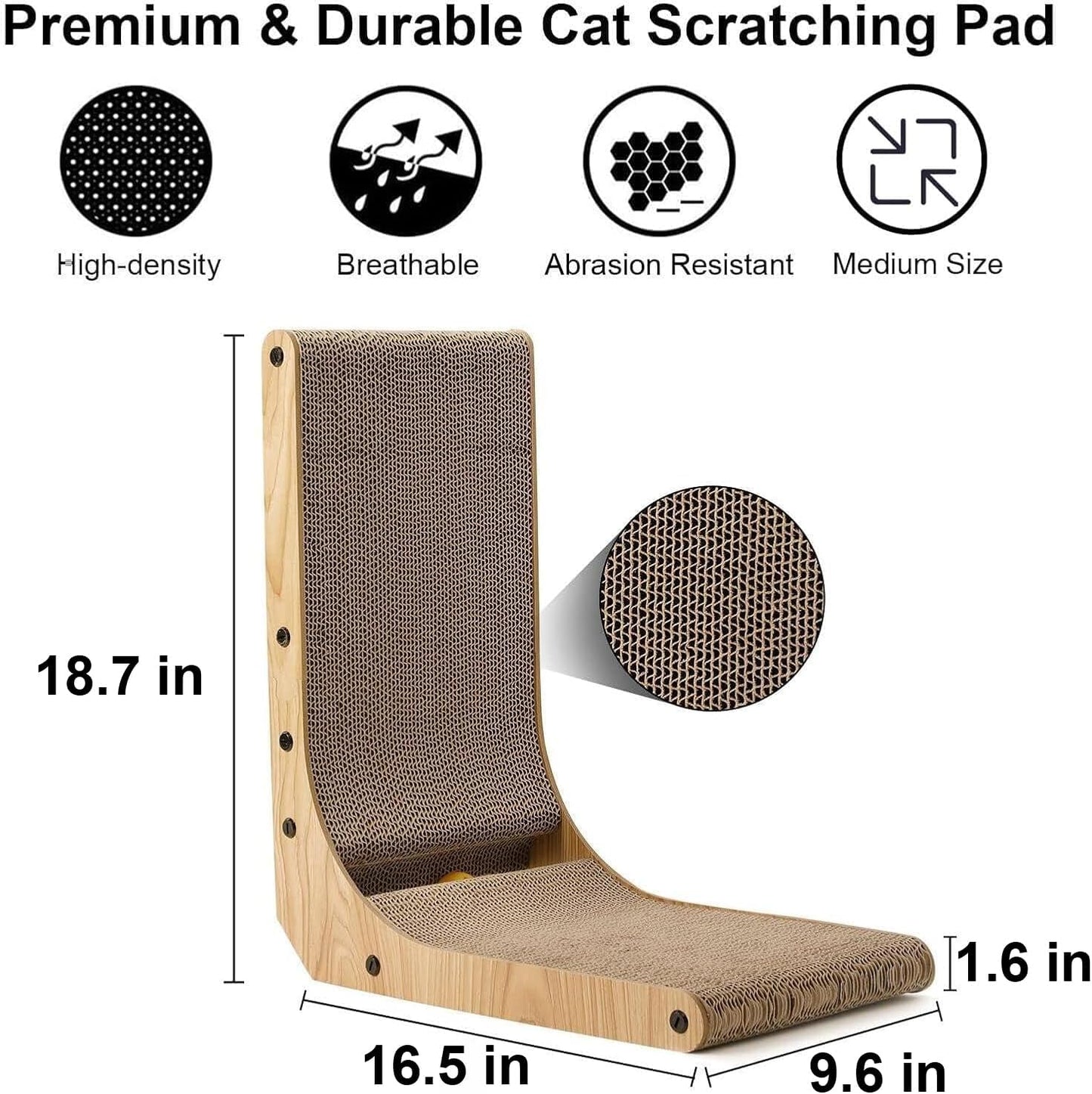 FUKUMARU Cat Scratcher, 18.7 Inch L Shape Cat Scratch Pad Wall Mounted, Cat Scratching Cardboard with Ball Toy for Indoor Cats